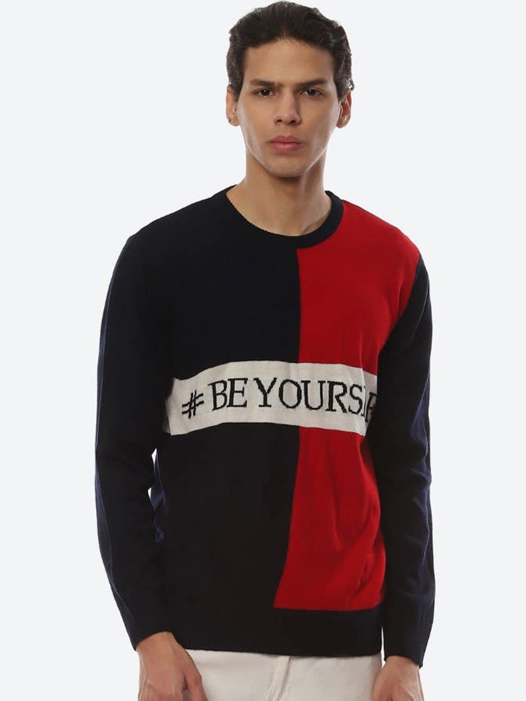 

2Bme Colourblocked Round Neck Long Sleeve Cotton Pullover Sweater, Red