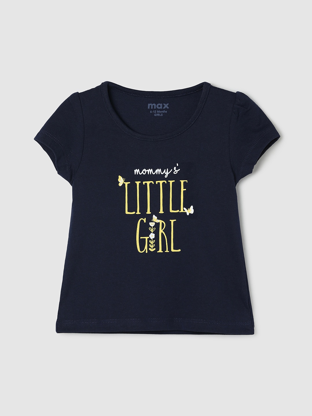 max Girls Typography Printed Pure Cotton T-shirt, Navy blue