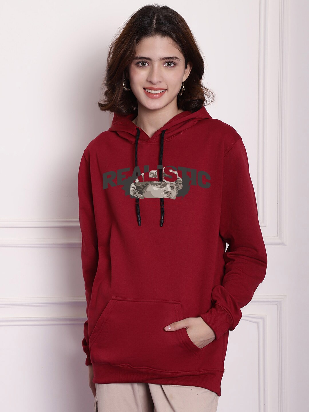

Imsa Moda Maroon Typography Hooded Sweatshirt