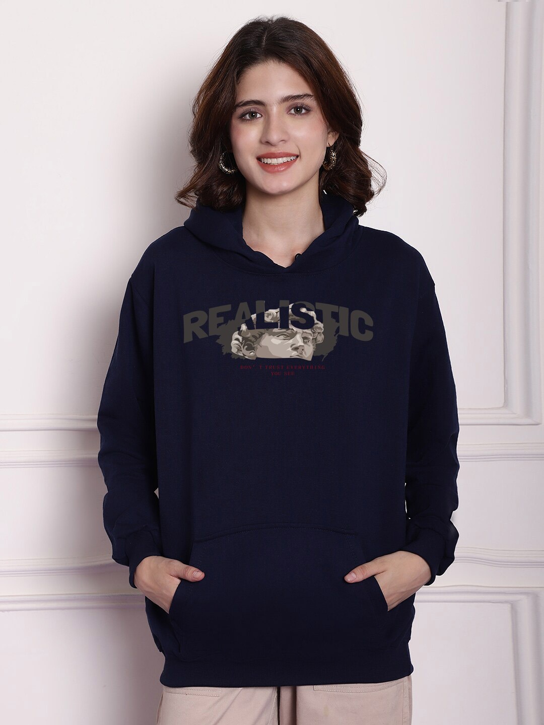 

Imsa Moda Typography Printed Hooded Oversized Pullover, Navy blue