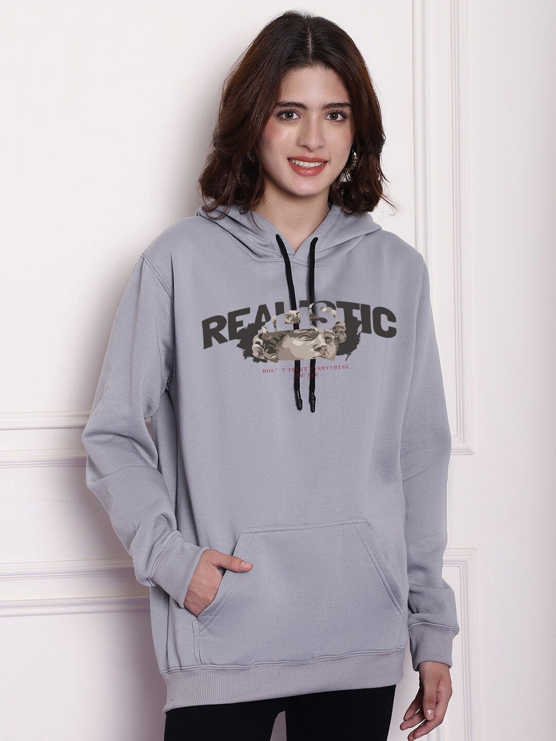 

Imsa Moda Typography Printed Hooded Fleece Oversized Pullover, Grey