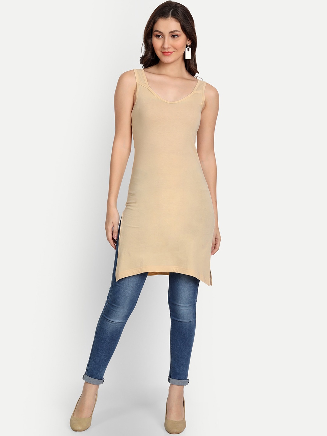 

Aimly Scoop Neck Shoulder Straps Cotton Longline Camisole, Beige