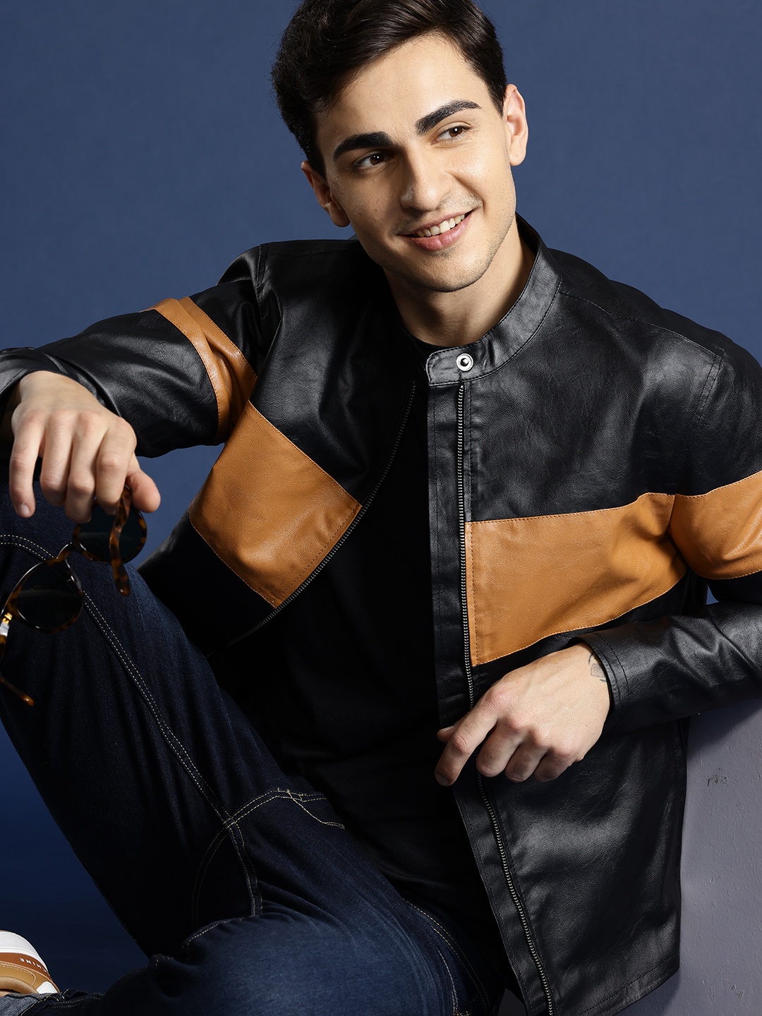 

Mast & Harbour Men Colourblocked Biker Jacket, Black