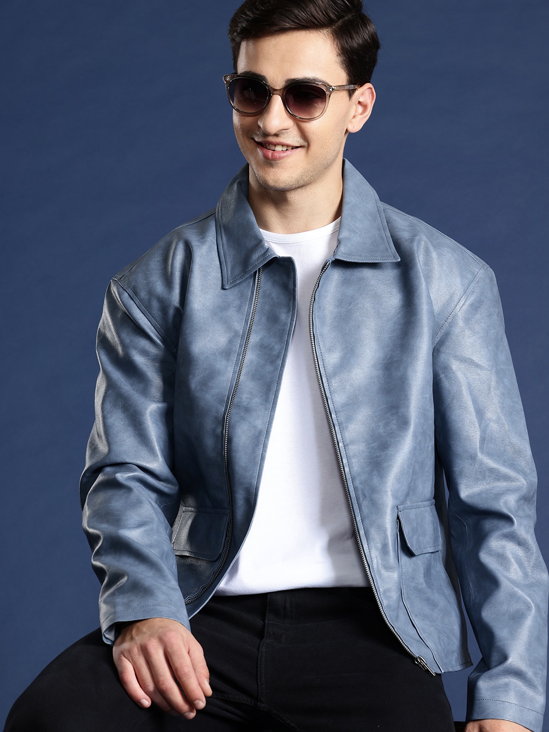 

Mast & Harbour Men Biker Jacket, Blue