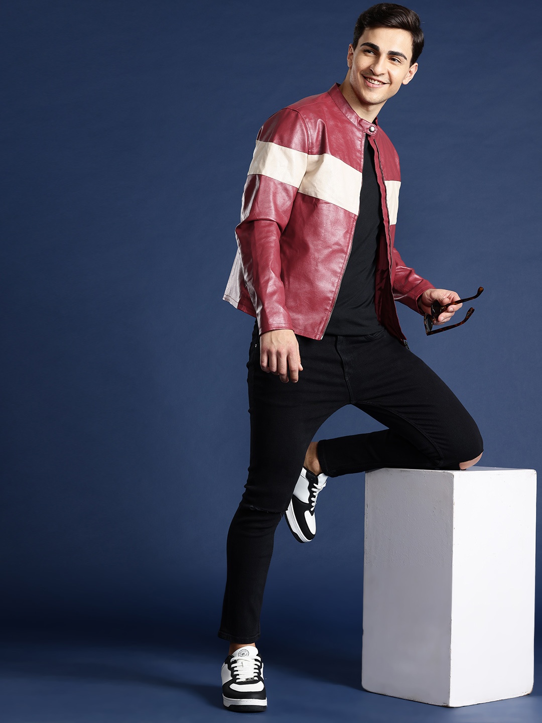 

Mast & Harbour Men Colourblocked Biker Jacket, Maroon