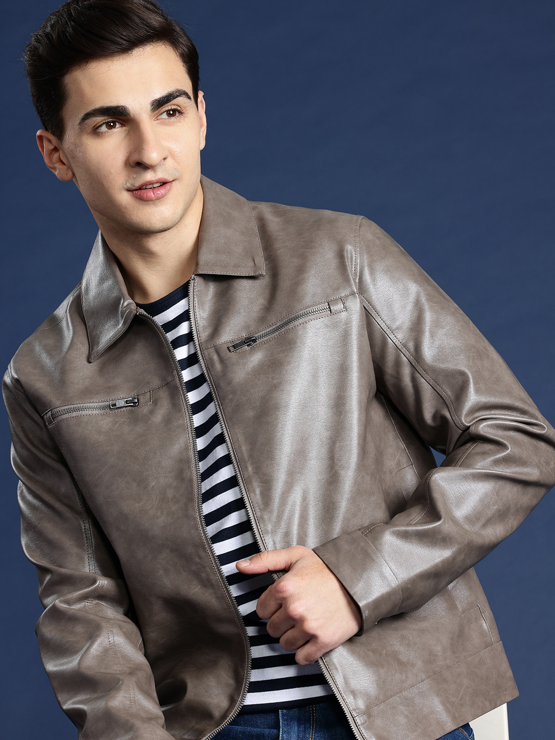 

Mast & Harbour Men Solid PU Jacket, Grey