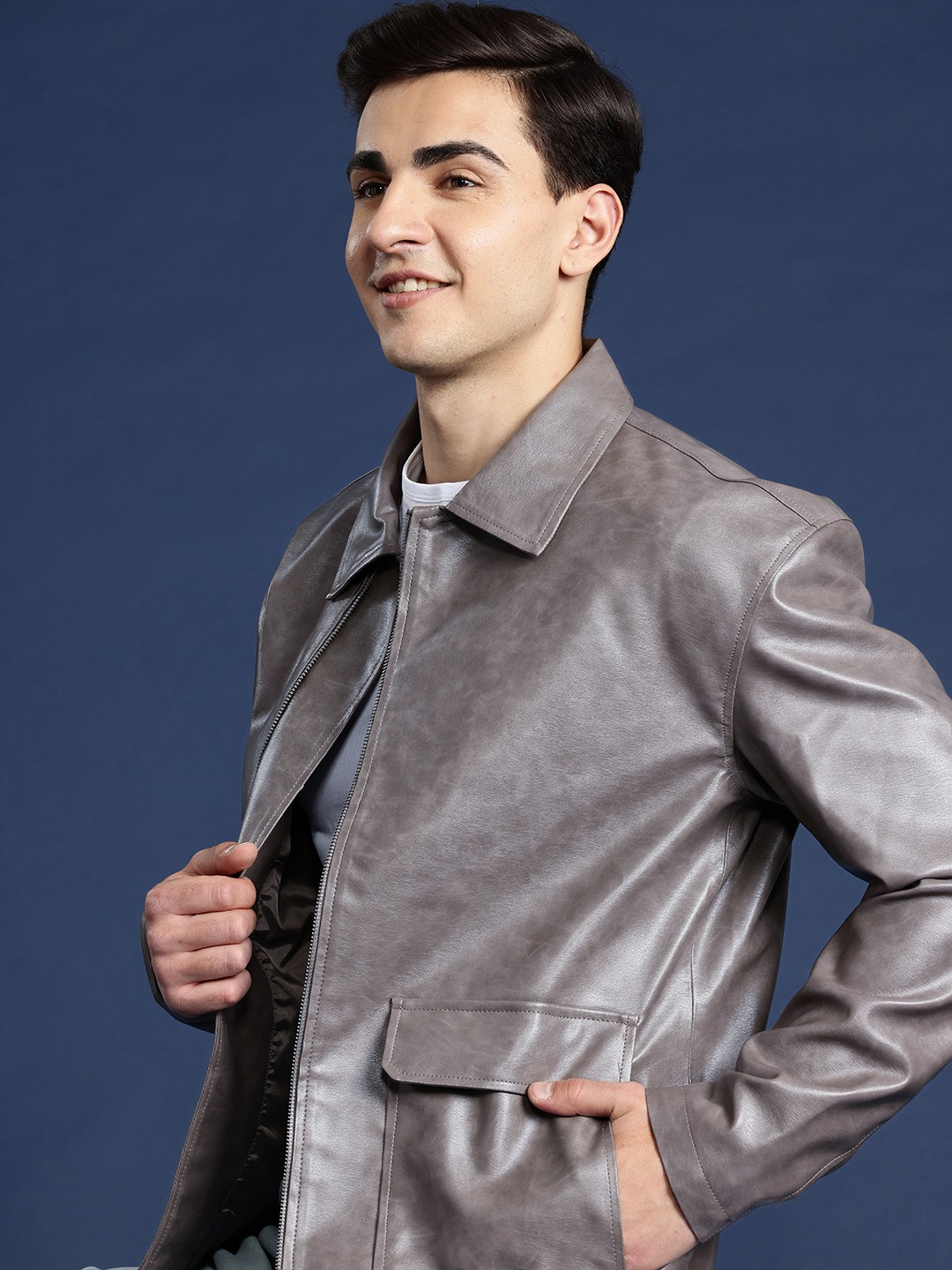 

Mast & Harbour Men Solid PU Jacket, Grey