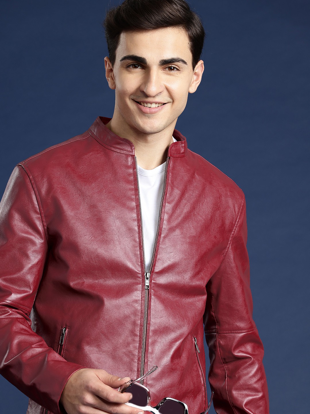 

Mast & Harbour Men Solid PU Jacket, Maroon