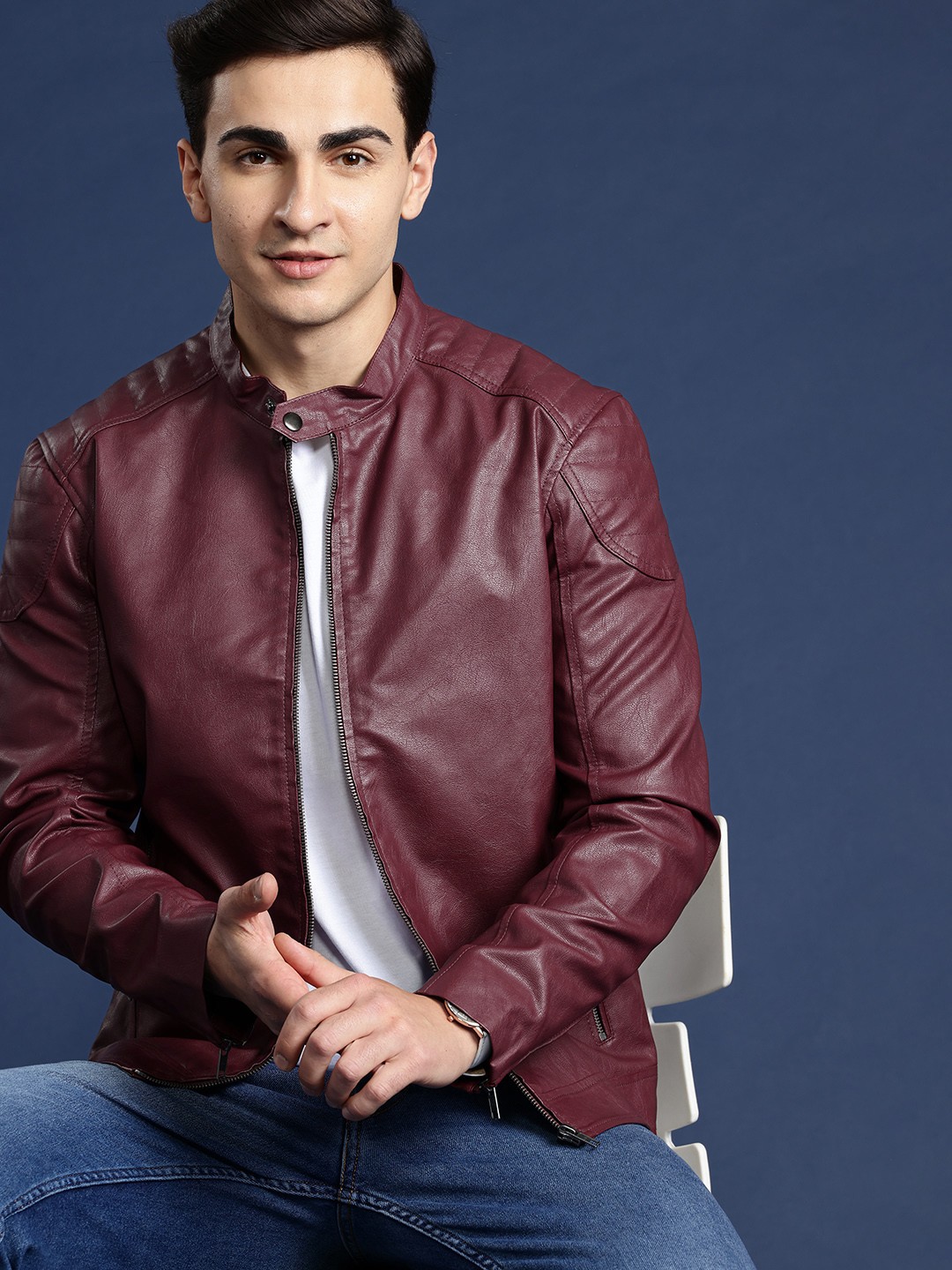 

Mast & Harbour Men Solid PU Jacket, Burgundy