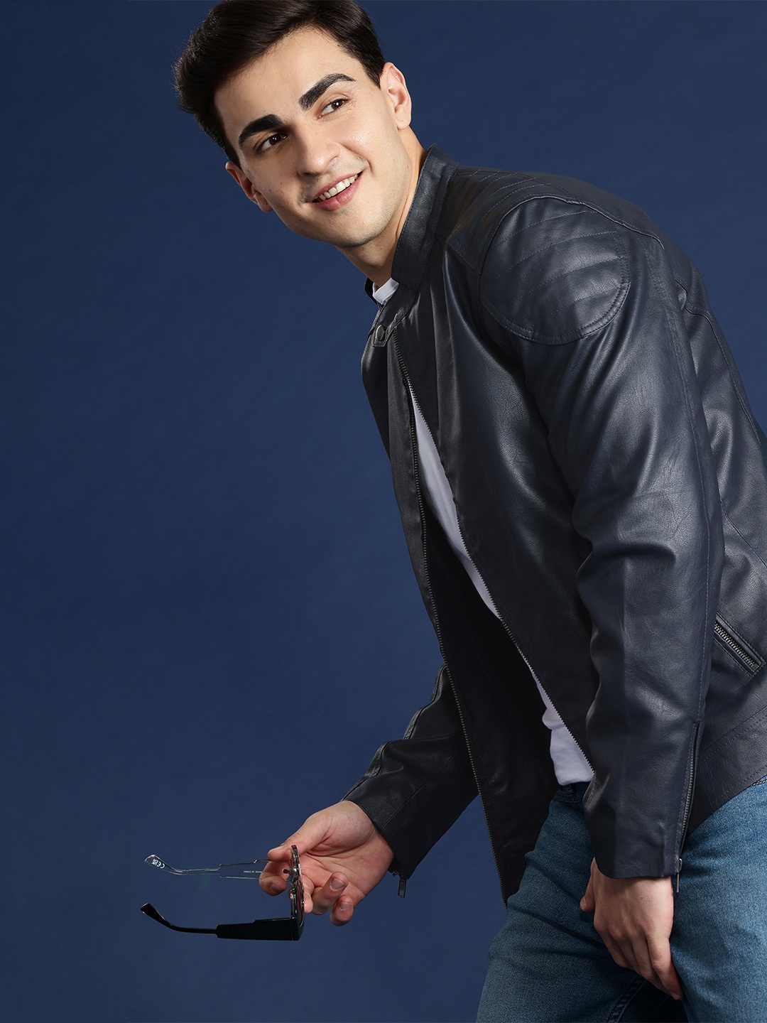 

Mast & Harbour Men Solid PU Jacket, Navy blue