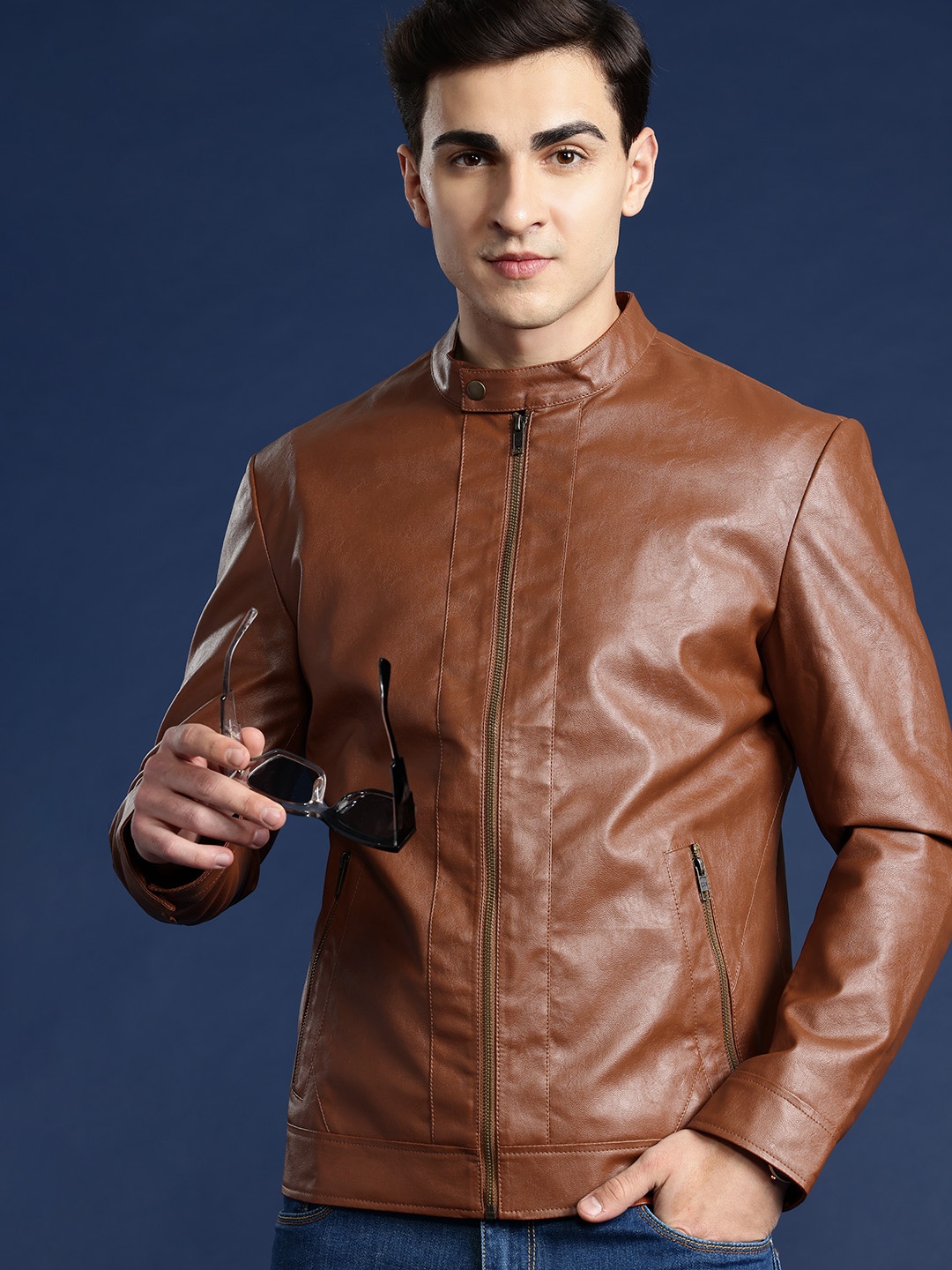 

Mast & Harbour Men Solid PU Jacket, Brown