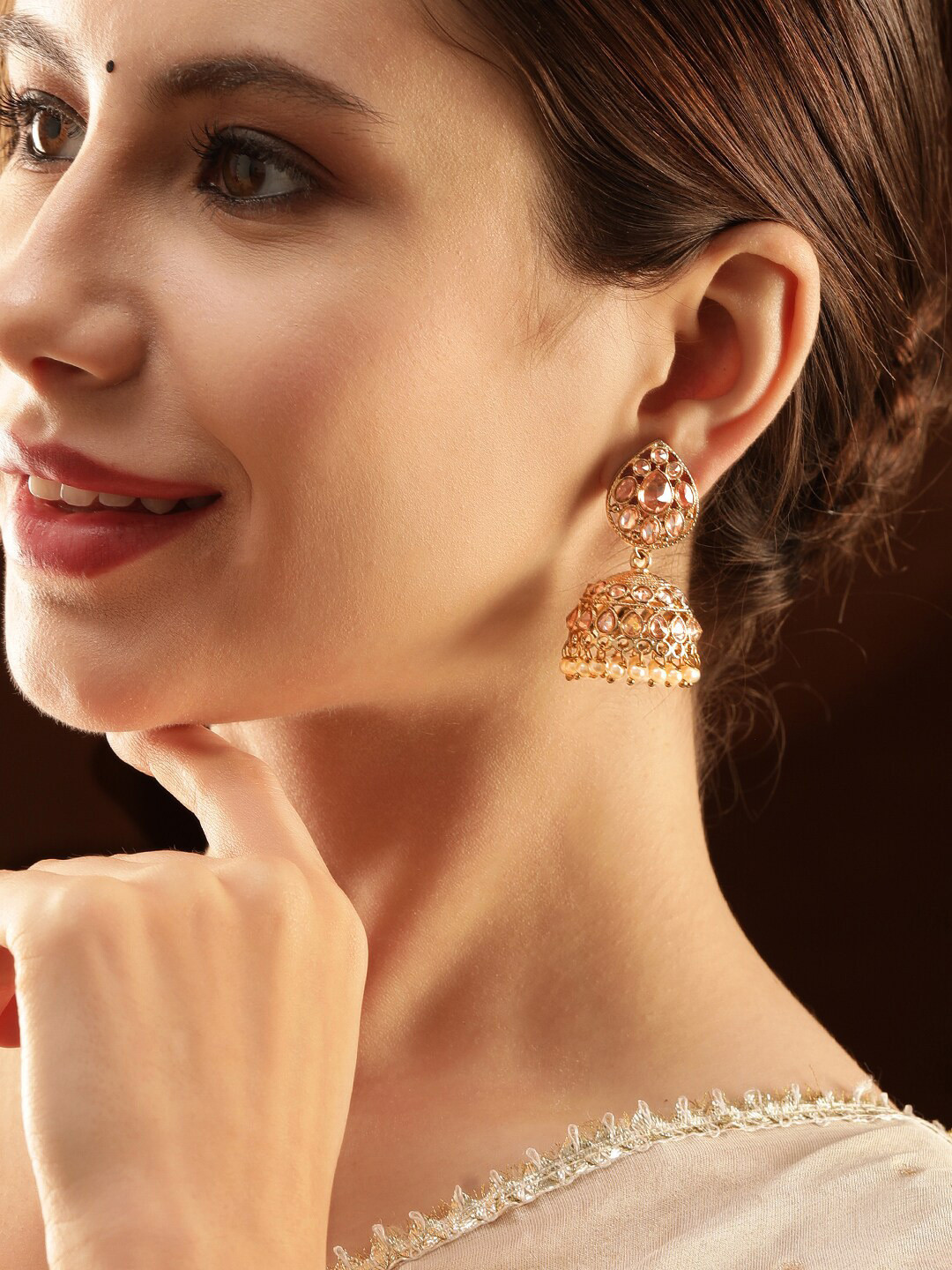 

Rubans Gold-Plated American Diamond-Studded Classic Jhumkas