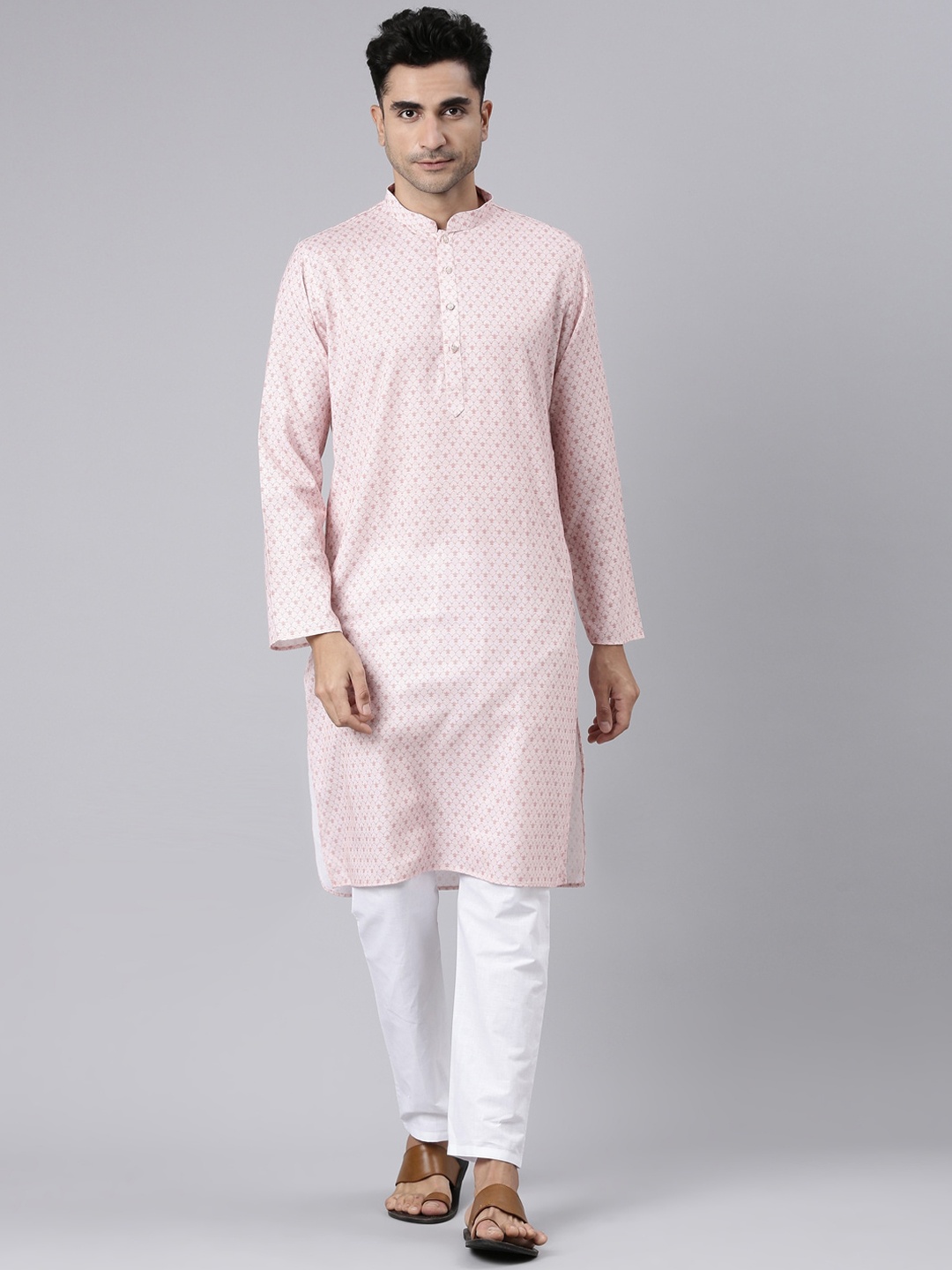 

Rishika Ethnic Motifs Woven Design Mandarin Collar Thread Work Straight Kurta, Pink