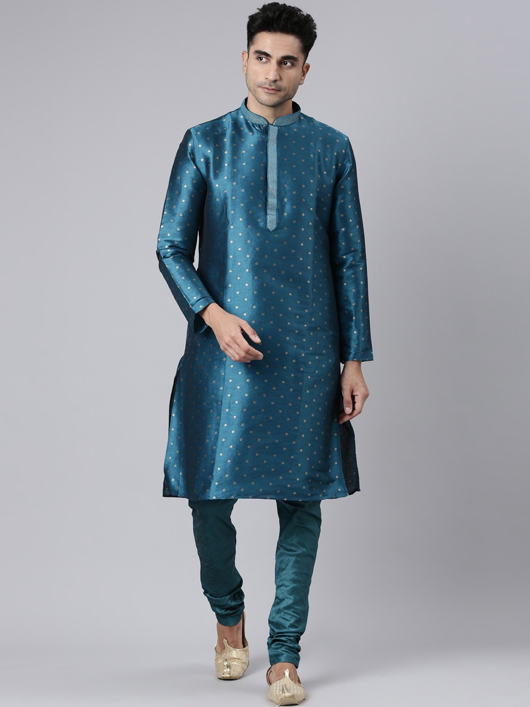 

Rishika Ethnic Motifs Woven Design Thread Work Mandarin Collar Straight Kurta, Teal