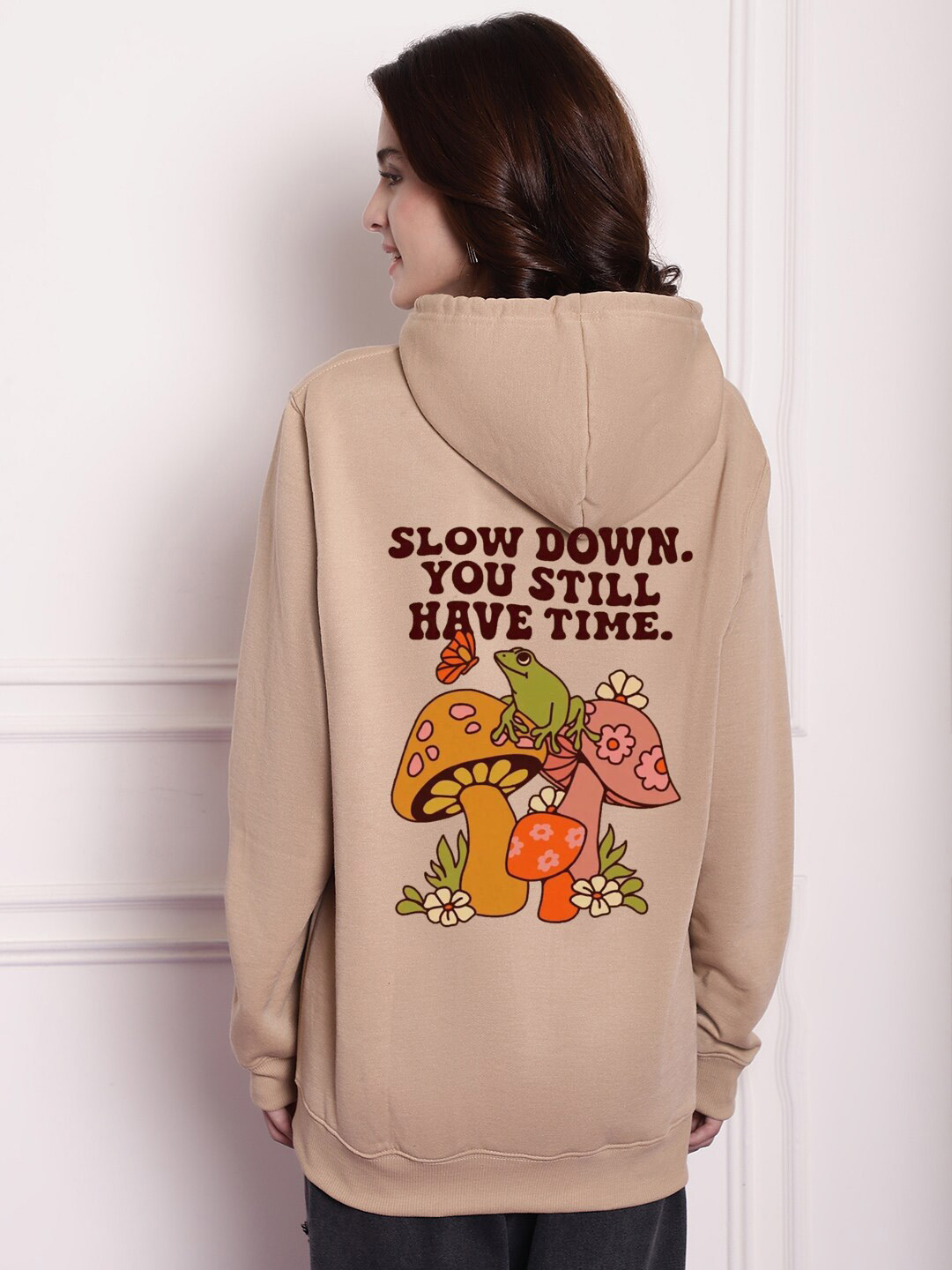 

Imsa Moda Typography Printed Hooded Oversized Fit Pullover Fleece Sweatshirt, Beige