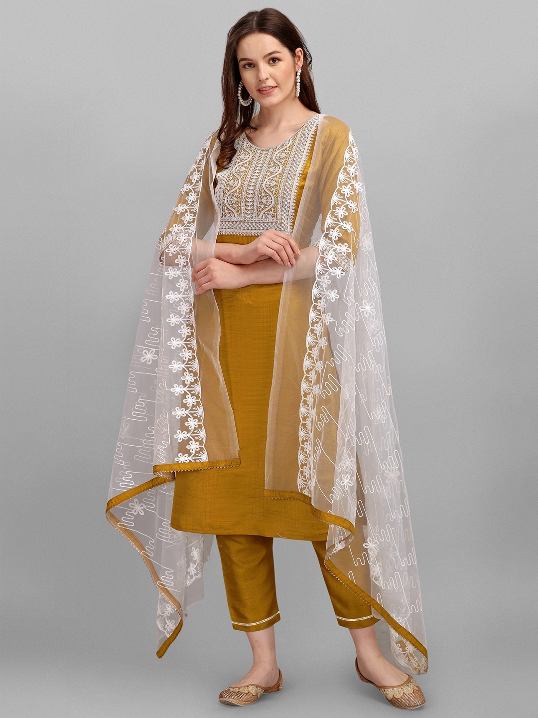 

KALINI Ethnic Motifs Yoke Design Thread Work Straight Kurta With Trousers & Dupatta, Mustard