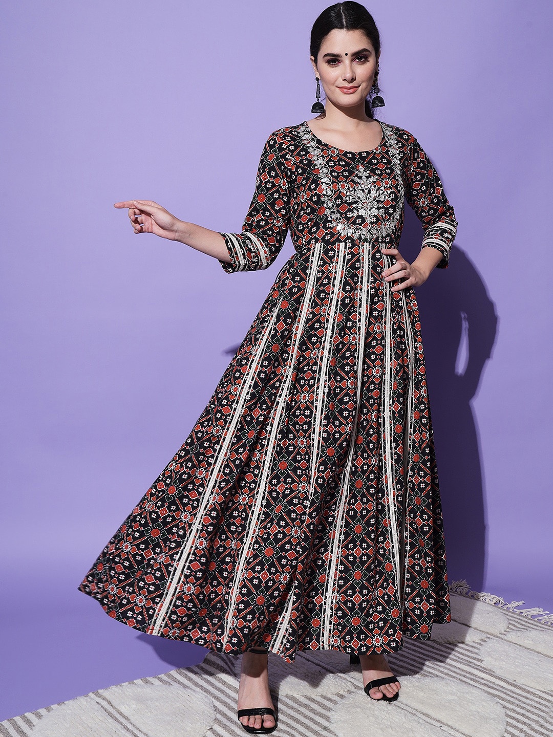 

AAYUMI Ethnic Motifs Printed Embroidered Cotton Maxi Ethnic Dress, Black