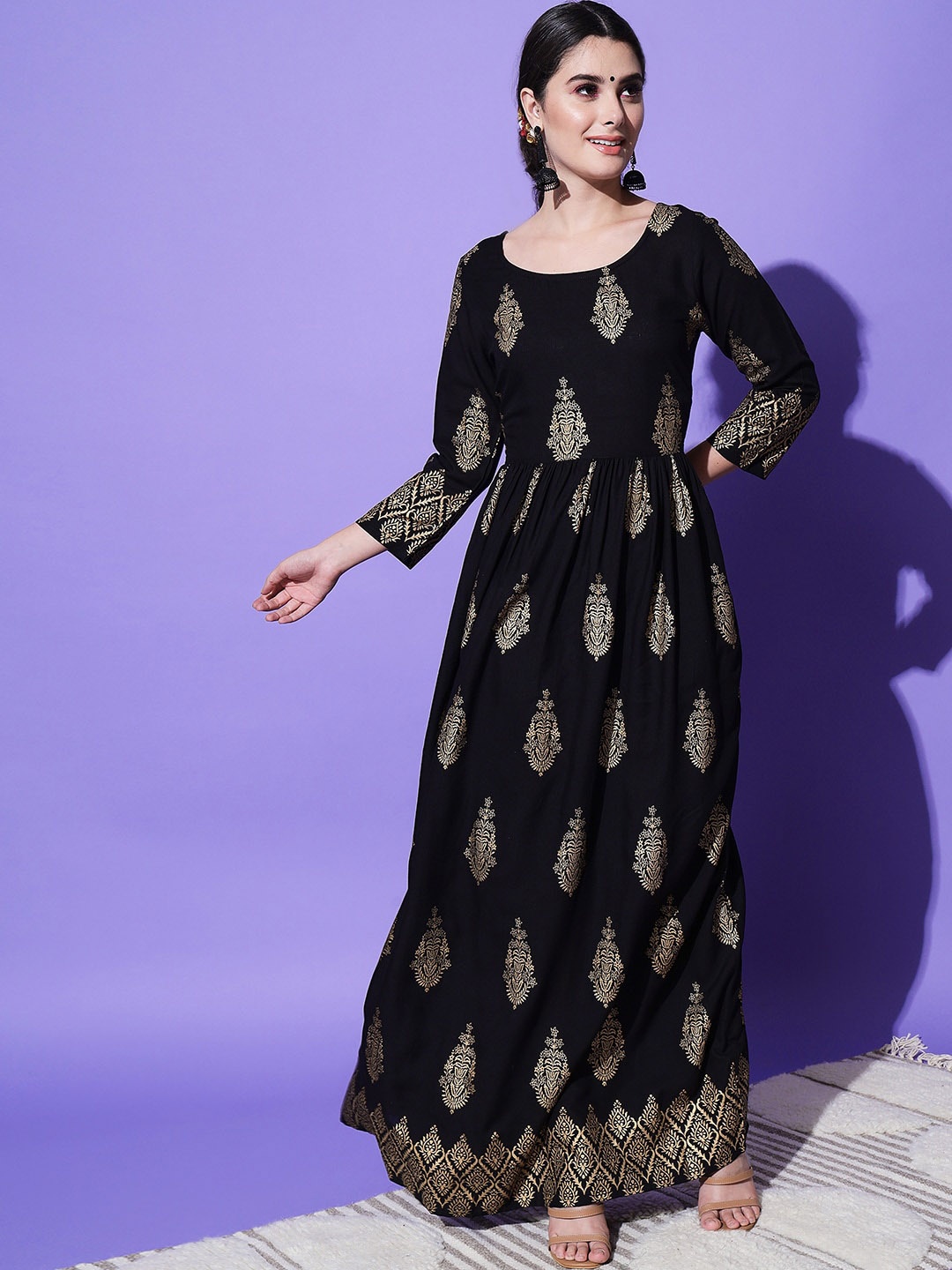 

AAYUMI Ethnic Motifs Printed Maxi Ethnic Dress, Black