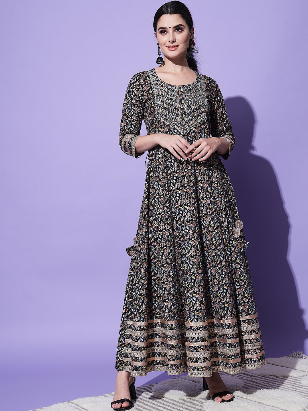 

AAYUMI Floral Printed Mirror Work Cotton Maxi Ethnic Dress, Black
