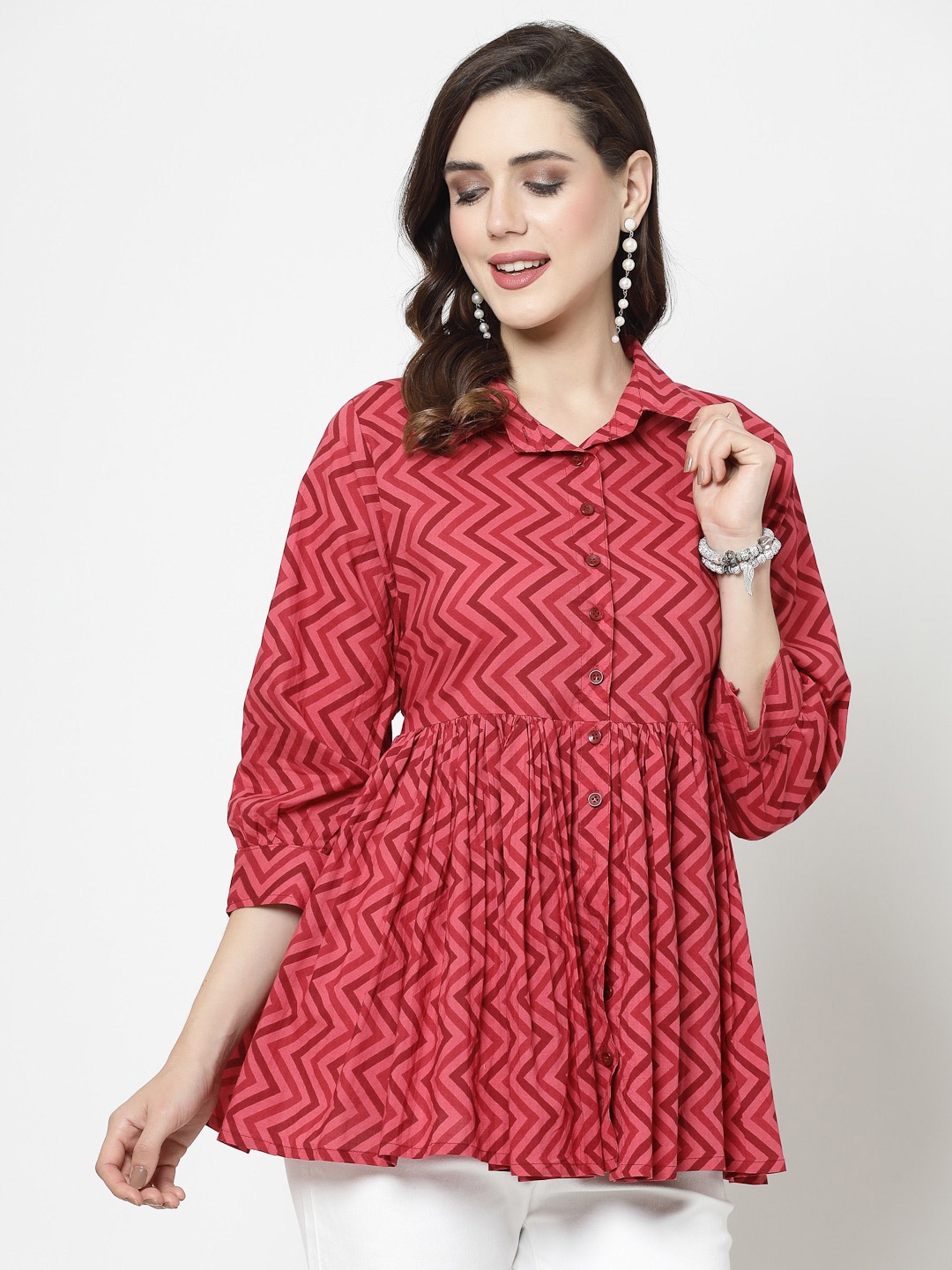 

SkyaSia Geometric Printed Shirt Style Top, Maroon