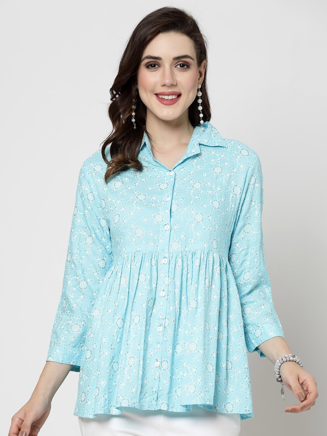 

SkyaSia Floral Printed Shirt Style Longline Top, Blue