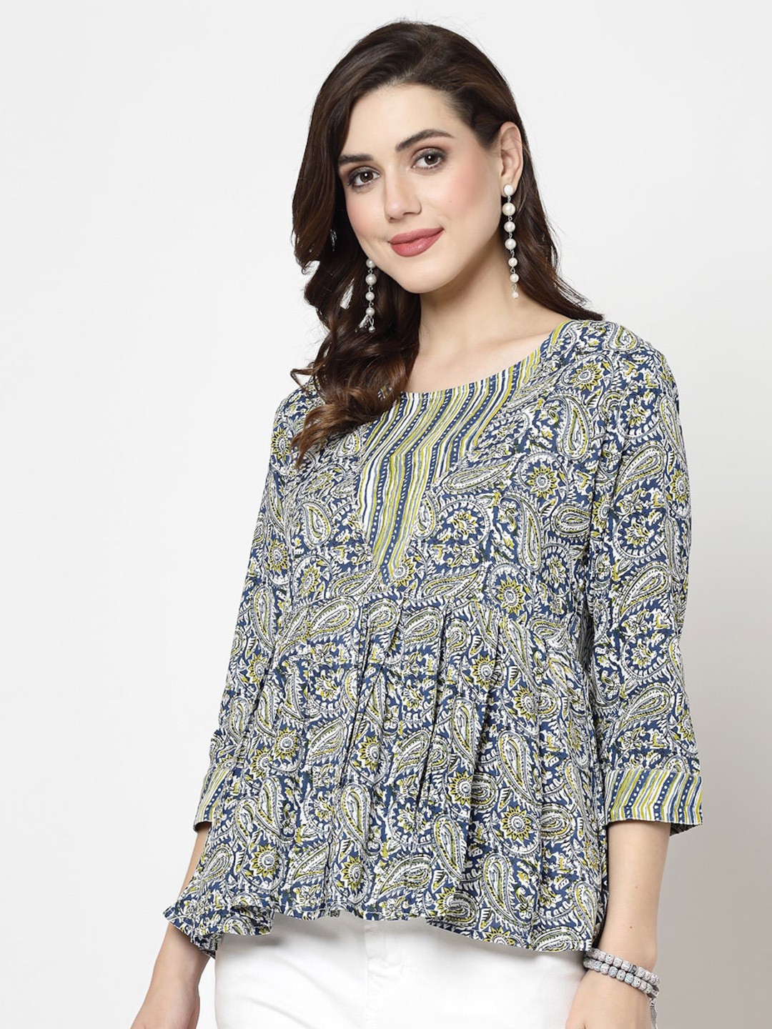 

SkyaSia Ethnic Motifs Printed A Line Top, Blue