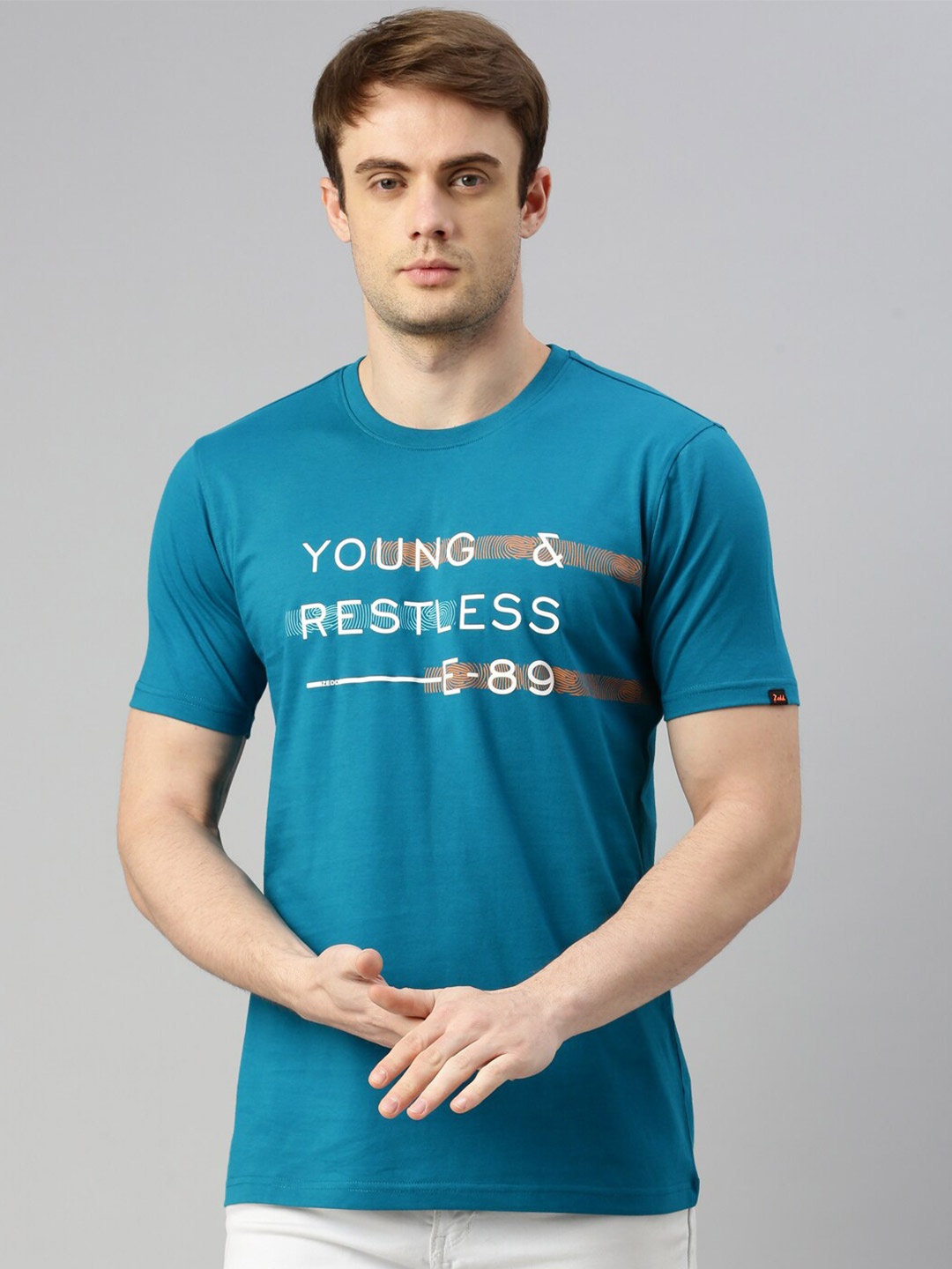 ZEDD Typography Printed Cotton T-shirt, Teal