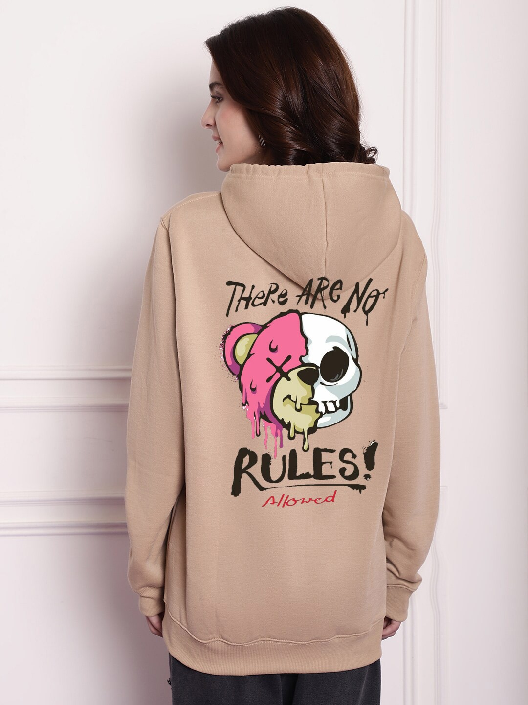 

Imsa Moda Graphic Printed Hooded Oversized Fit Pullover Fleece Sweatshirt, Beige