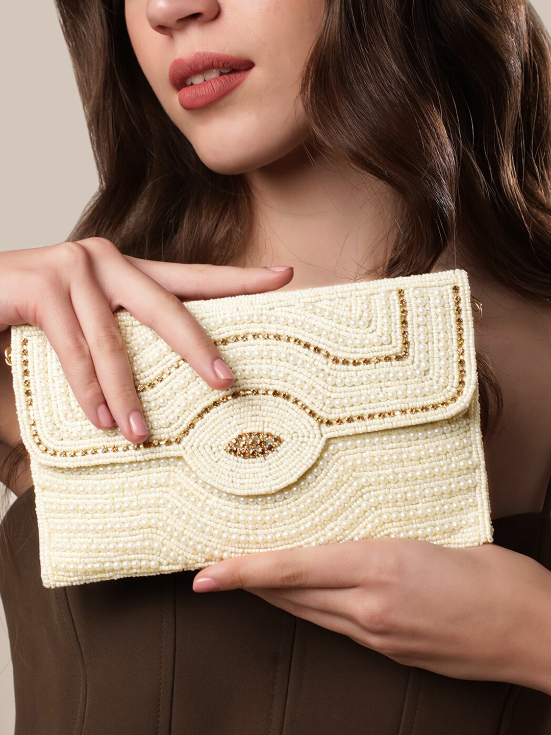 

Rubans Embellished Envelope Clutch, White