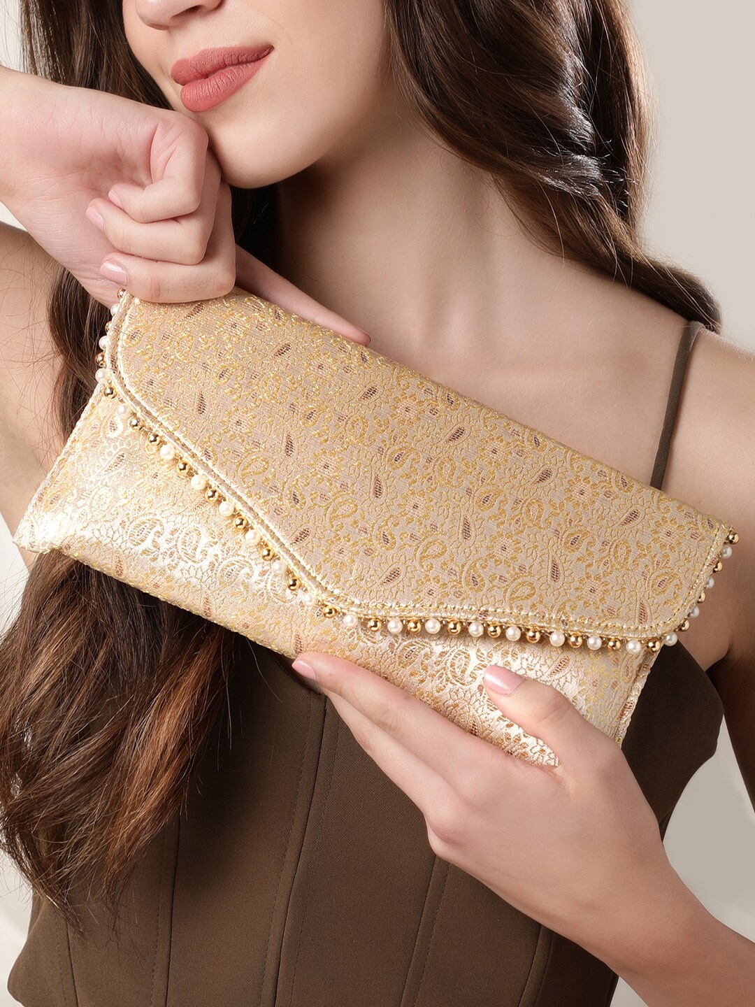 

Rubans Embellished Envelope Clutch, Gold