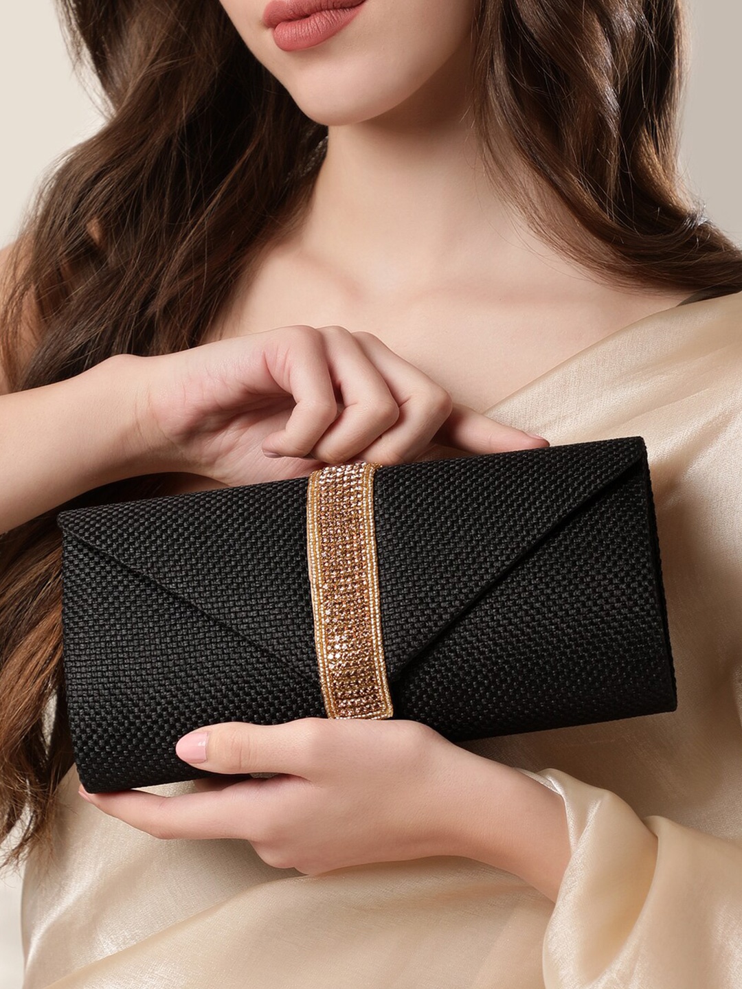 

Rubans Embellished Envelope Clutch, Black