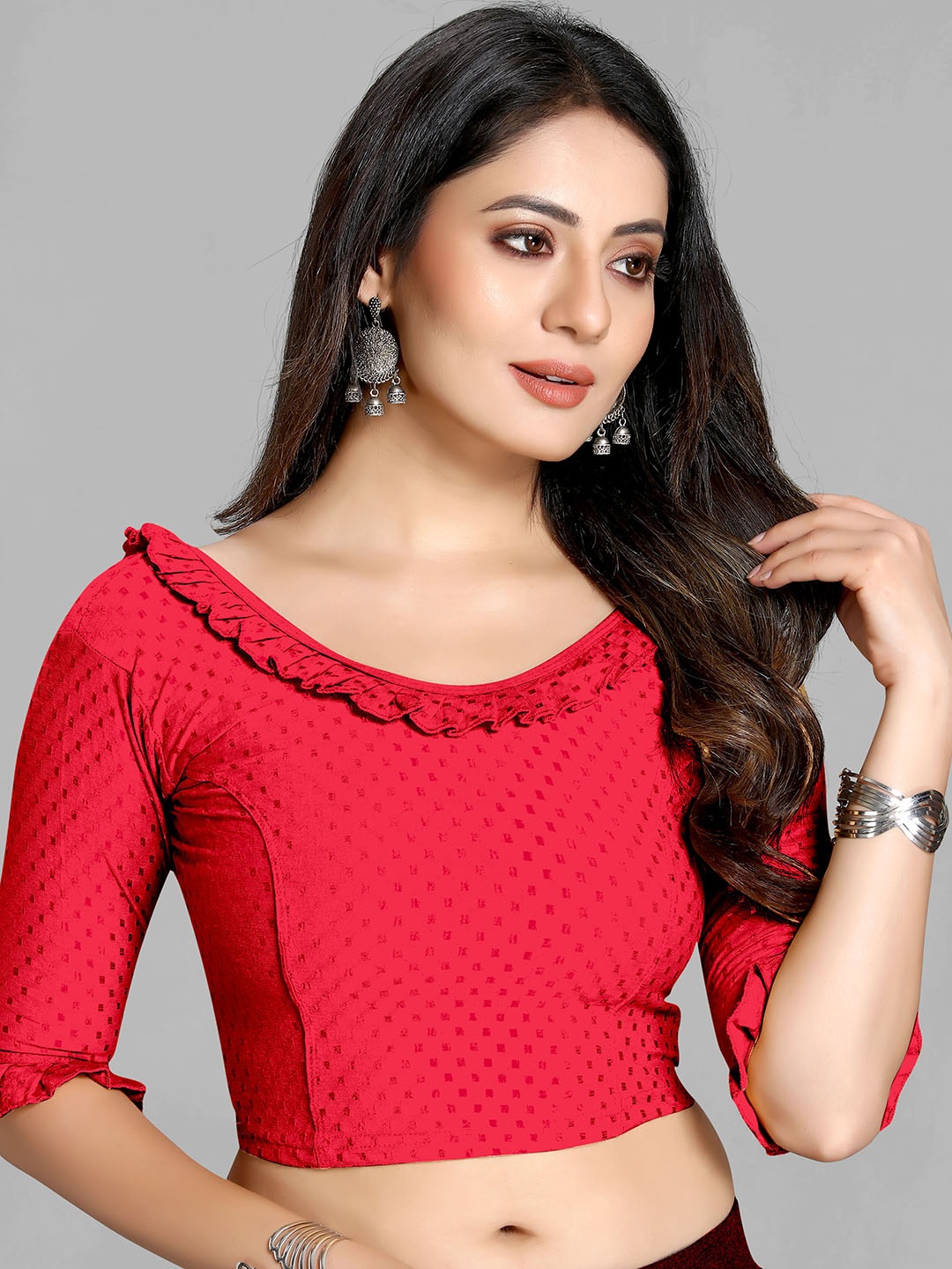 

SCUBE DESIGNS Woven-Design Ruffle Cotton Saree Blouse, Pink