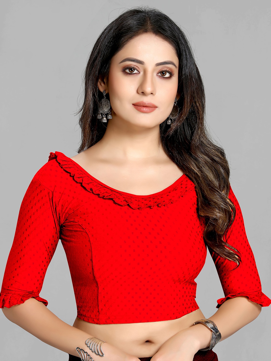 

SCUBE DESIGNS Woven-Design Round Neck Short Sleeves Ruffled Saree Blouse, Red