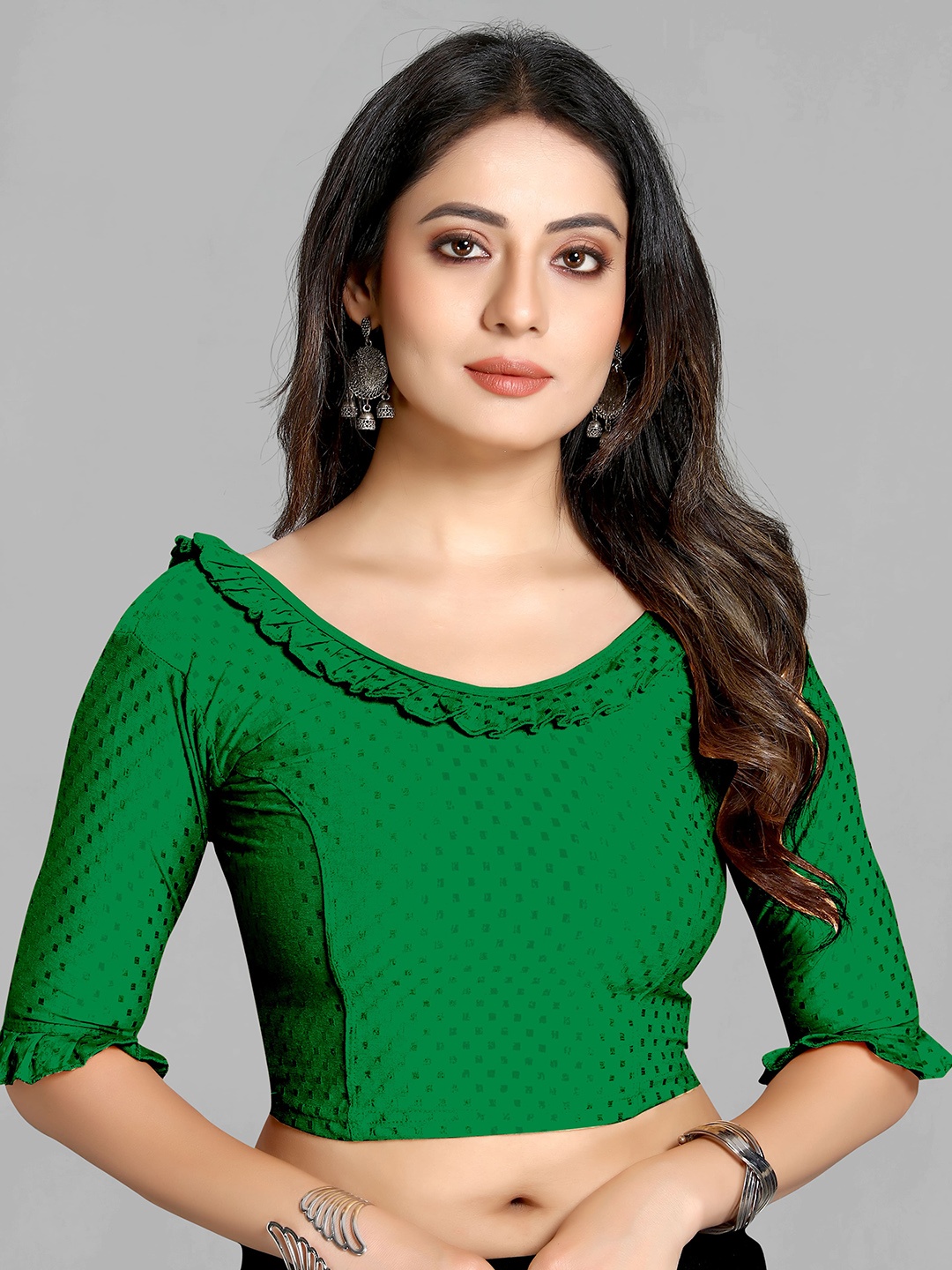 

SCUBE DESIGNS Woven-Design Ruffle Cotton Saree Blouse, Green