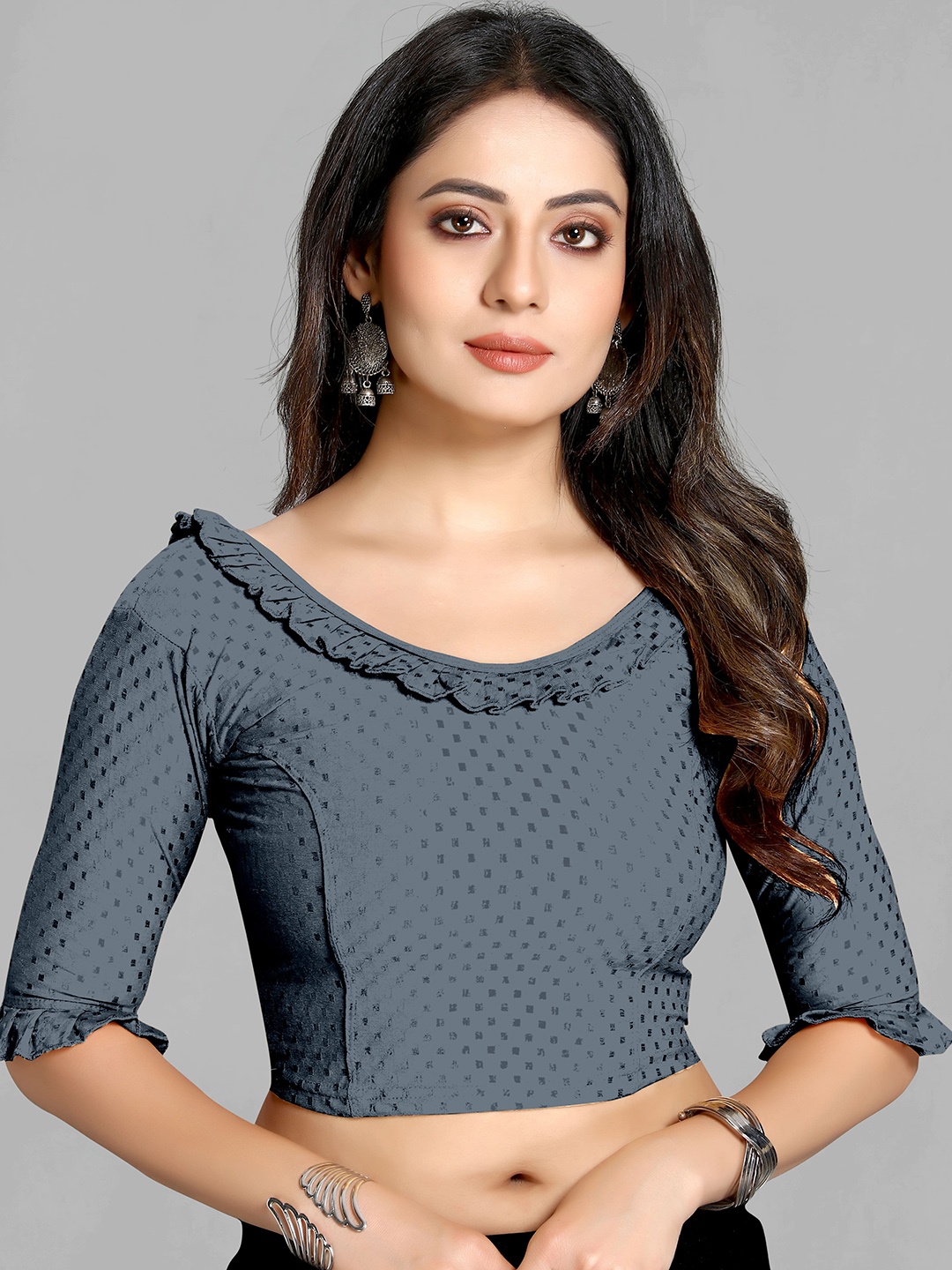 

SCUBE DESIGNS Woven-Design Ruffle Cotton Saree Blouse, Grey