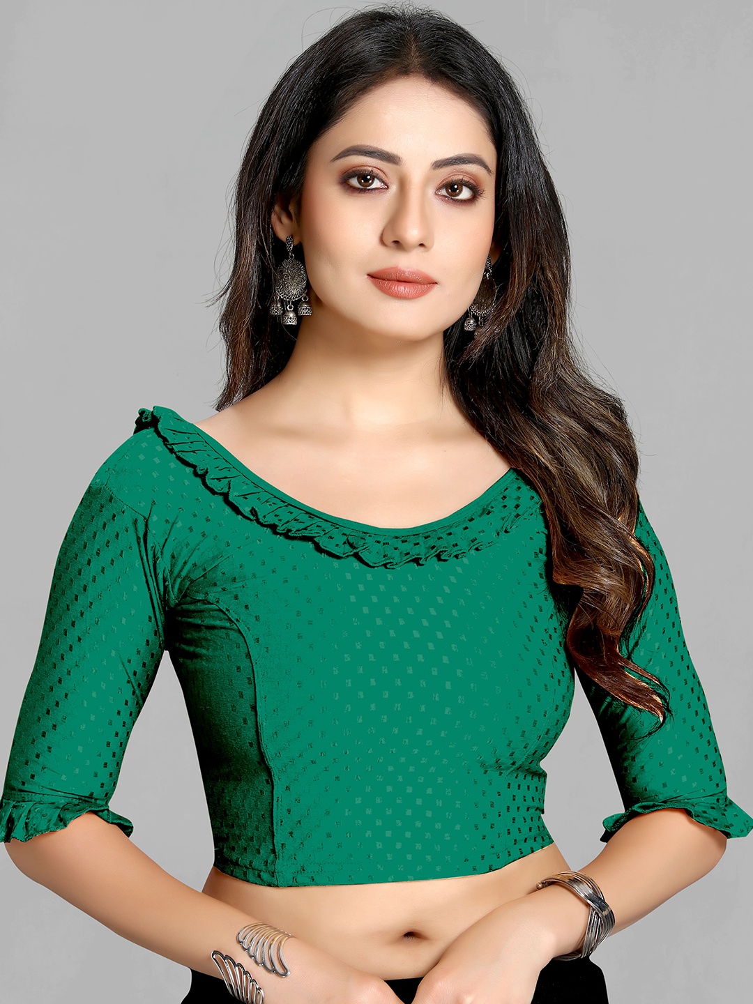

SCUBE DESIGNS Woven-Design Ruffle Cotton Saree Blouse, Lime green