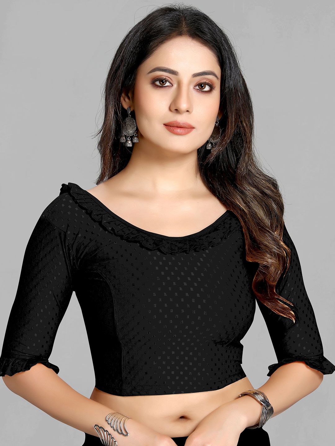 

SCUBE DESIGNS Woven-Design Ruffle Cotton Saree Blouse, Black