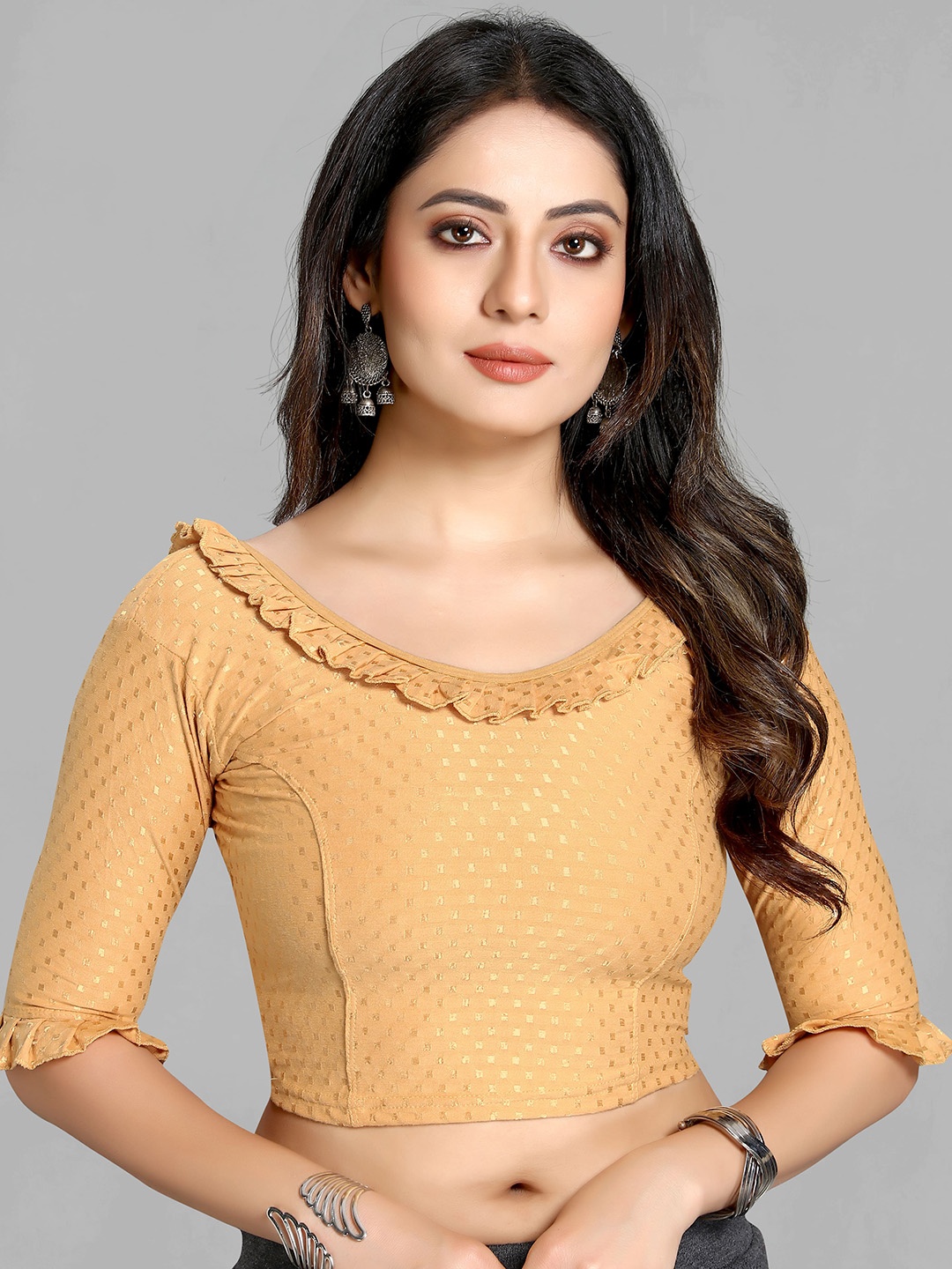 

SCUBE DESIGNS Woven-Design Ruffle Cotton Saree Blouse, Beige