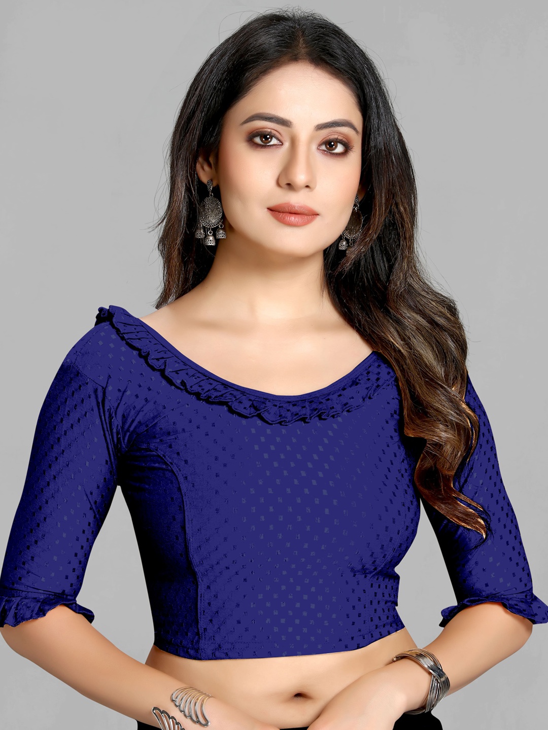 

SCUBE DESIGNS Woven-Design Ruffle Cotton Saree Blouse, Blue