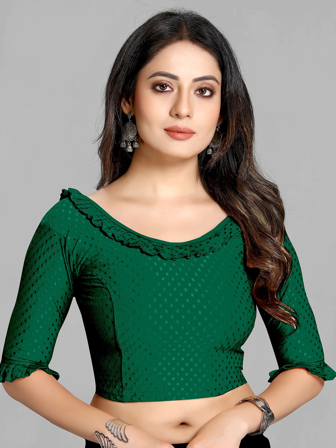 

SCUBE DESIGNS Woven-Design Round Neck Short Sleeves Ruffled Saree Blouse, Green