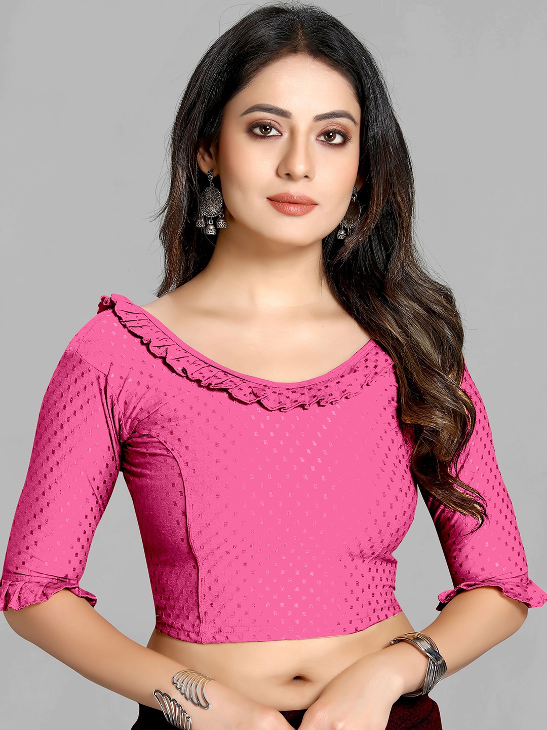 

SCUBE DESIGNS Woven-Design Ruffle Saree Blouse, Pink