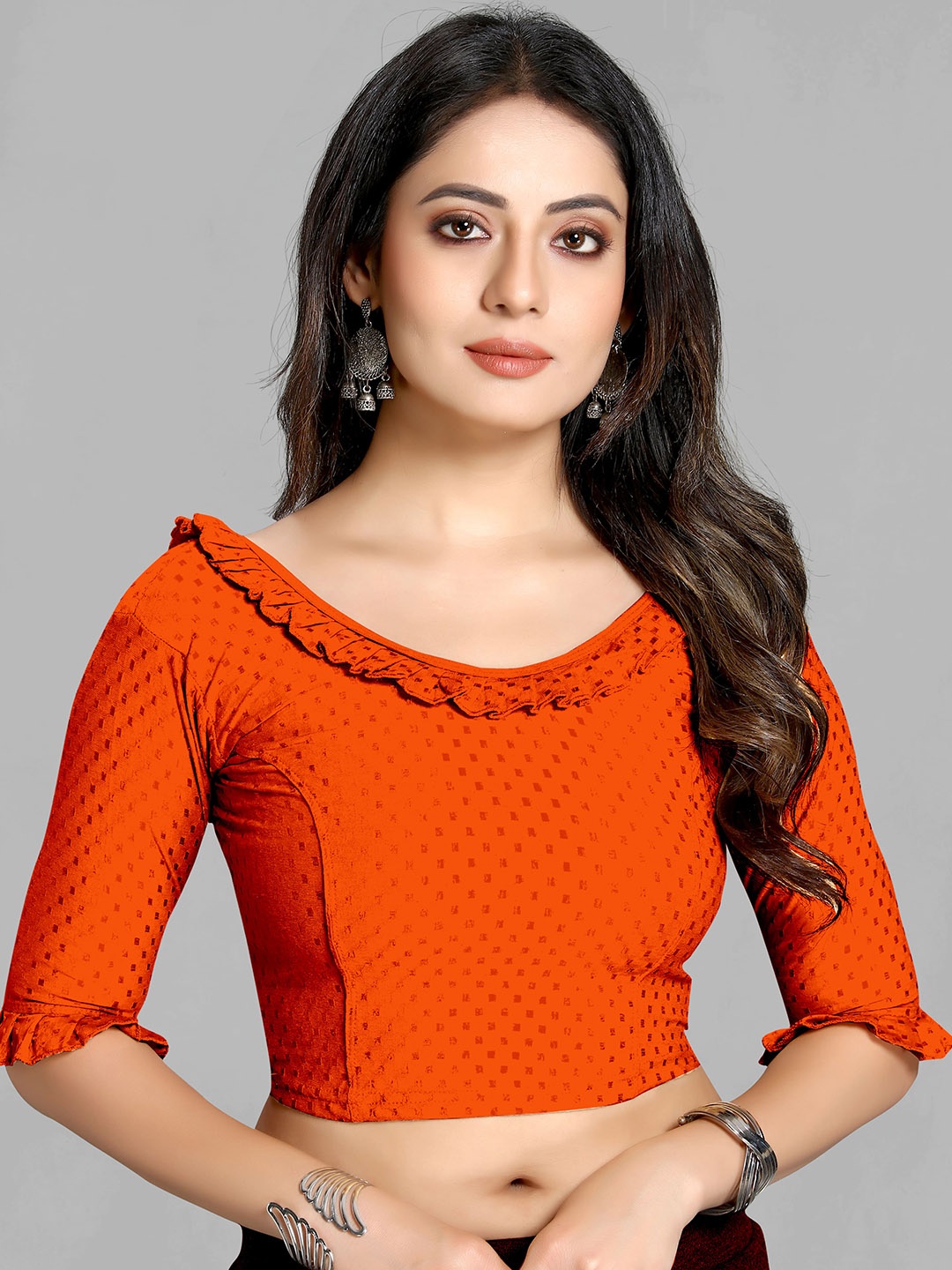 

SCUBE DESIGNS Woven-Design Ruffle Cotton Saree Blouse, Orange