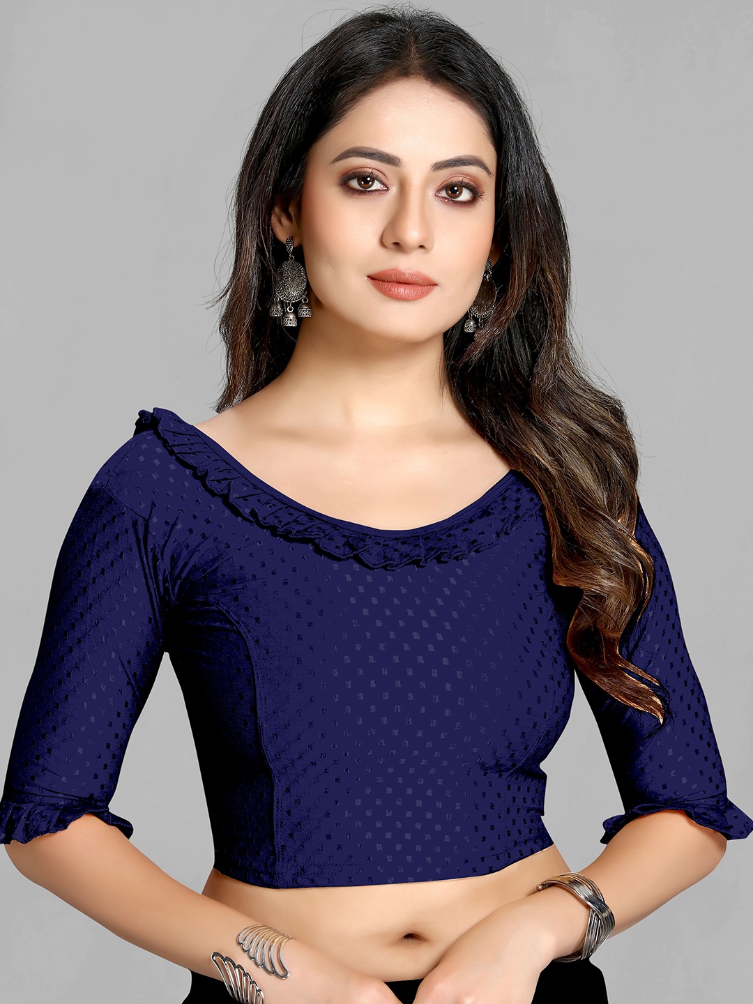 

SCUBE DESIGNS Woven-Design Ruffle Saree Blouse, Navy blue