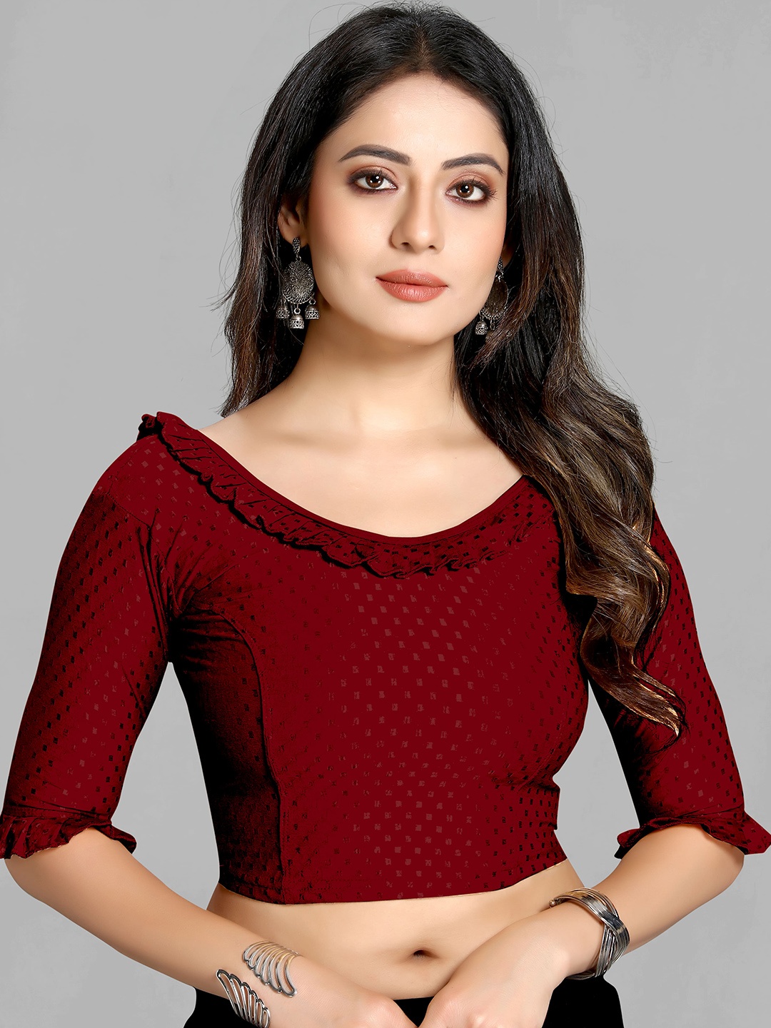 

SCUBE DESIGNS Woven-Design Ruffle Cotton Saree Blouse, Maroon