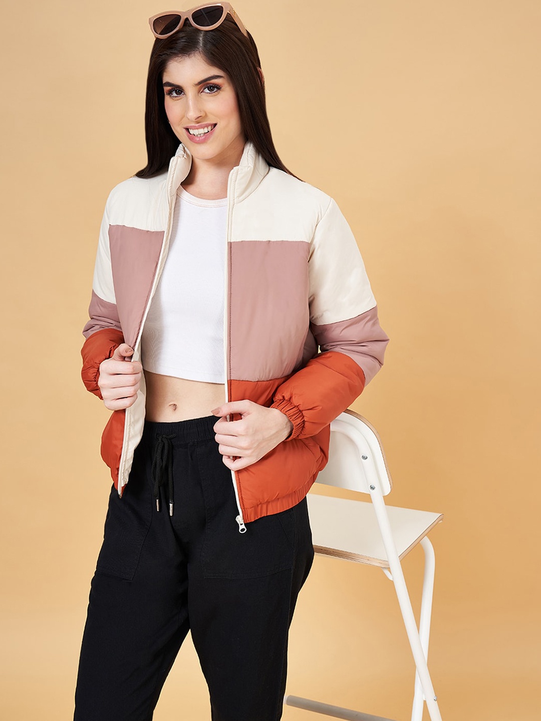 

YU by Pantaloons Colourblocked Mock Collar Puffer Jacket, White