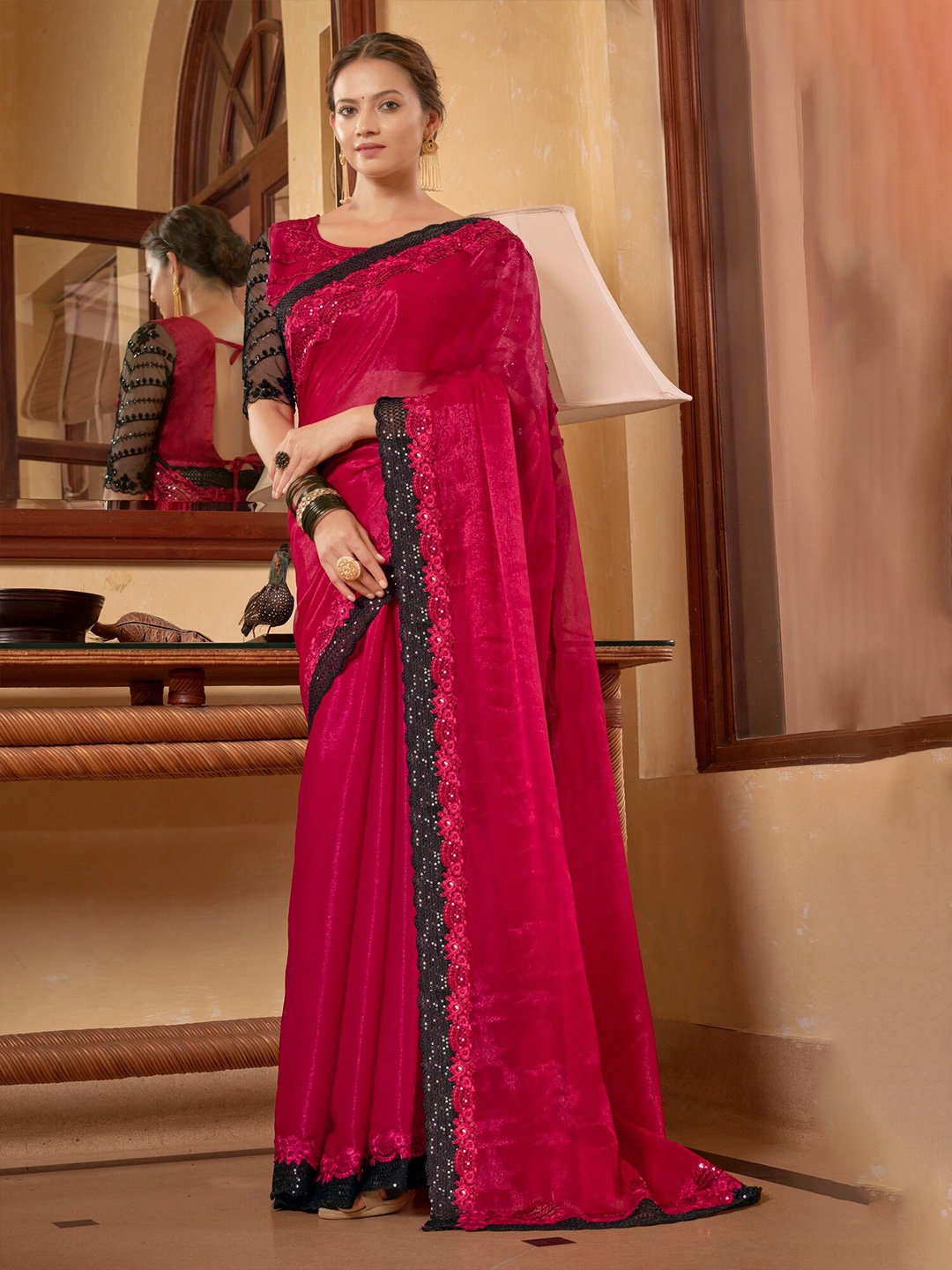 

Mitera Embellished Sequinned Pure Chiffon Saree, Burgundy