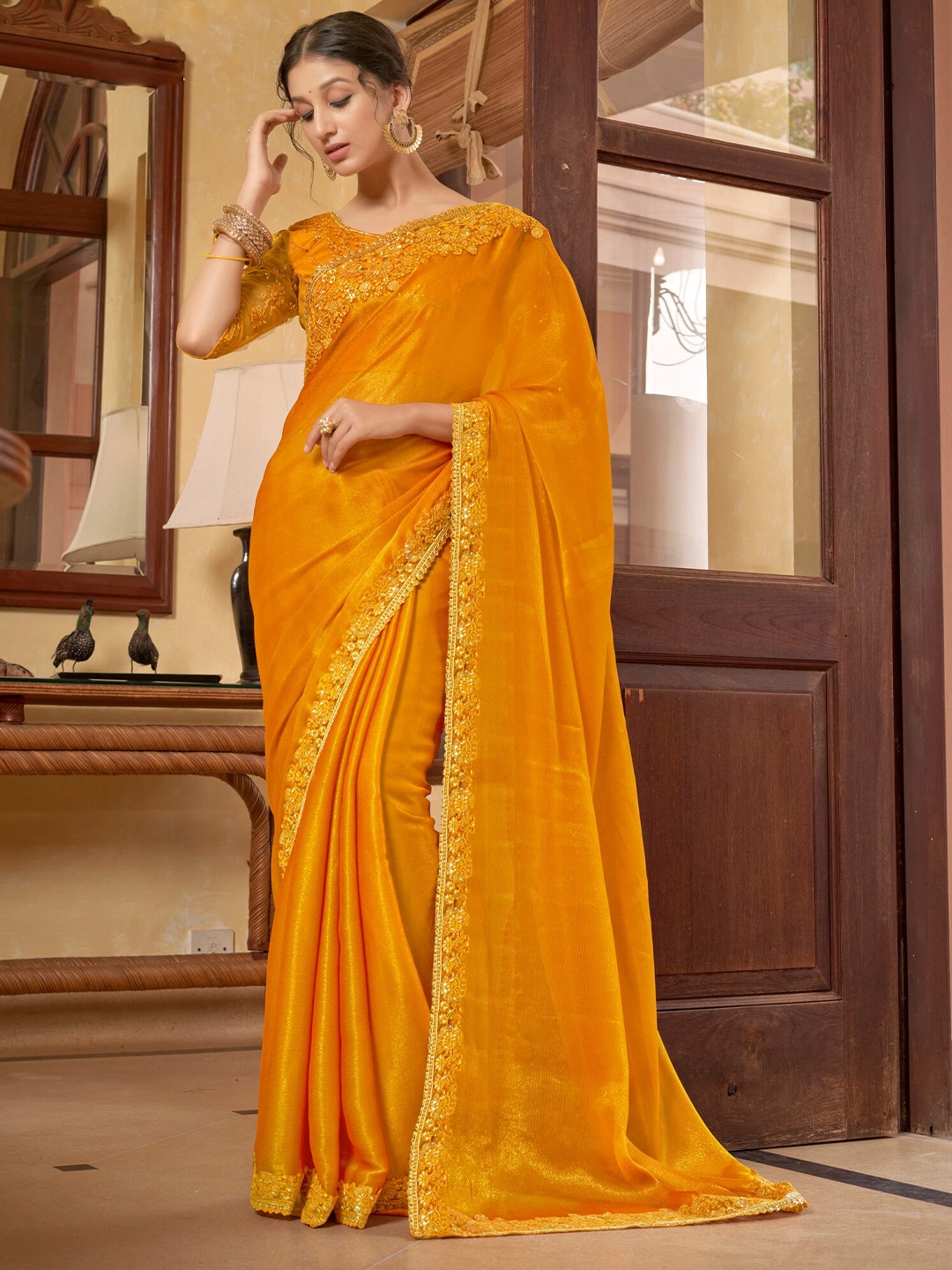 

Mitera Yellow & Gold-Toned Sequinned Embellished Saree