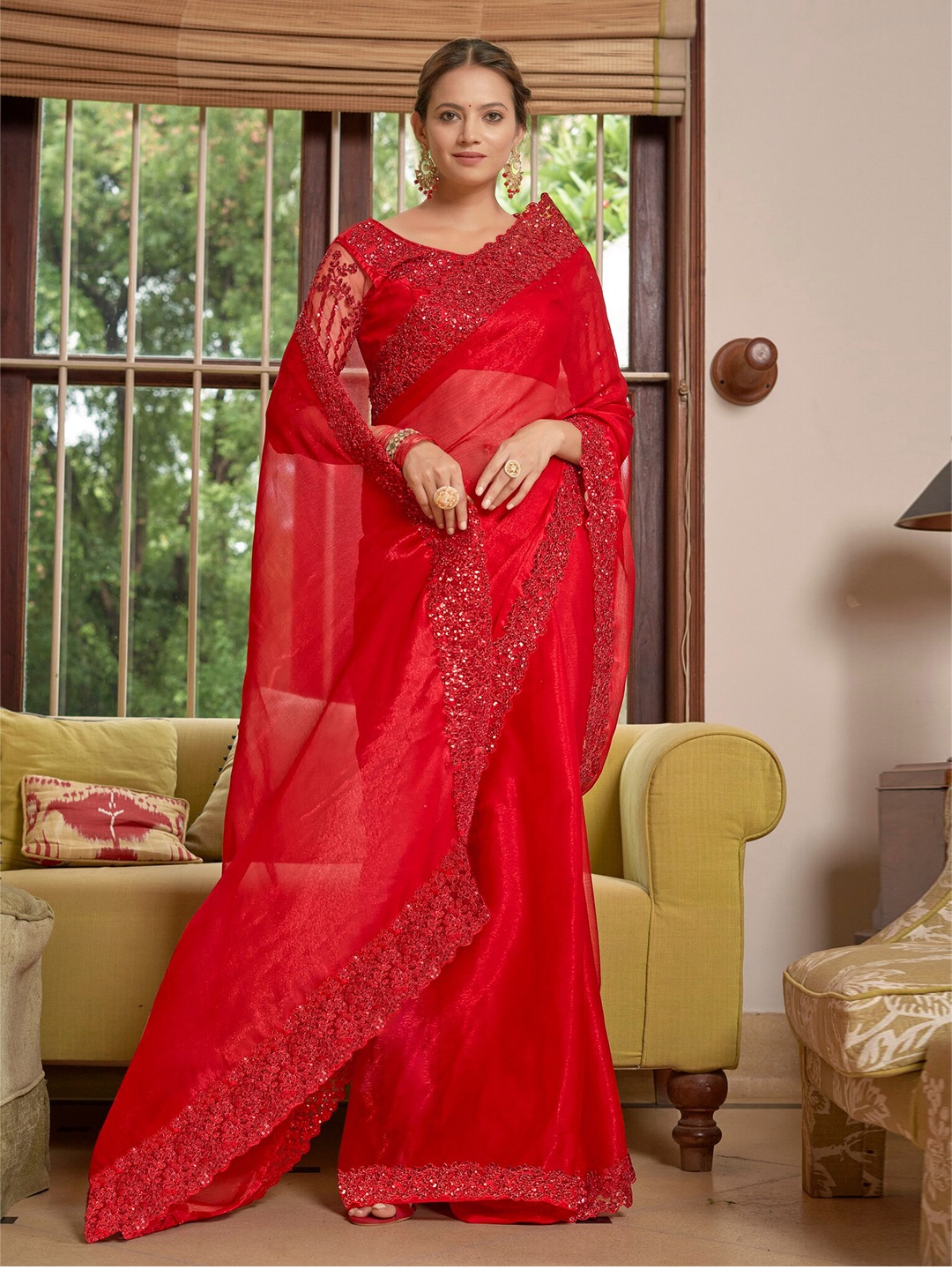 

Mitera Red Sequinned Pure Chiffon Saree