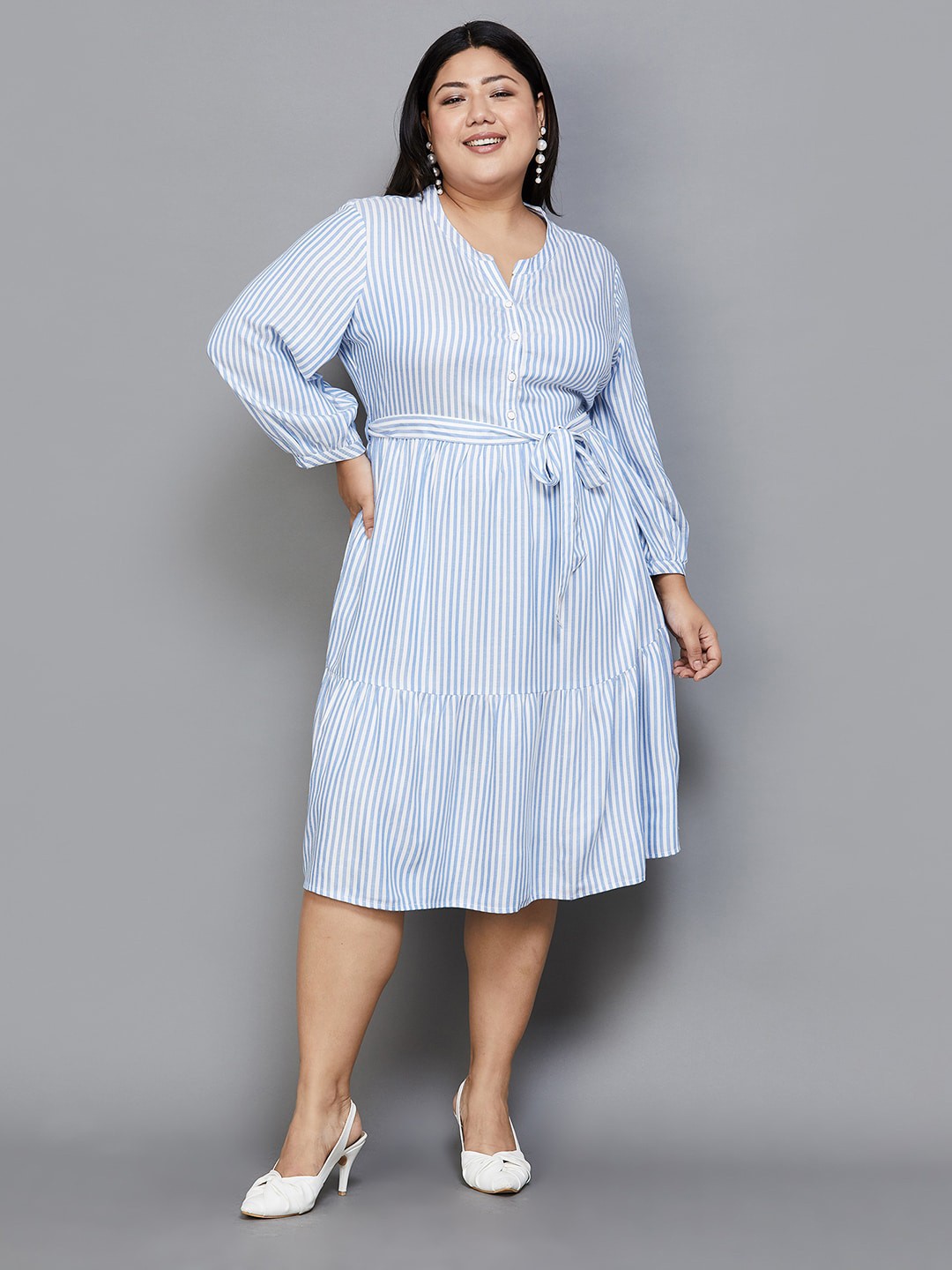 

Nexus by Lifestyle Plus Size Striped Mandarin Collar Belted Fit & Flare Dress, White