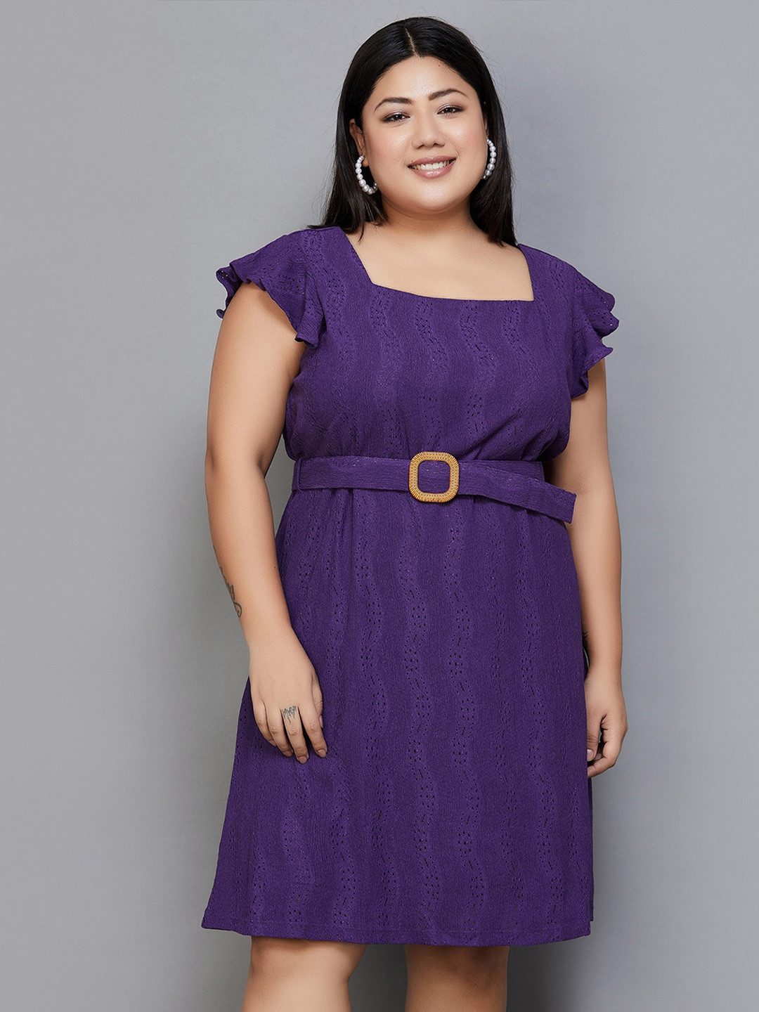 

Nexus by Lifestyle Plus Size Self Design Square Neck Flutter Sleeve Belted A-Line Dress, Purple